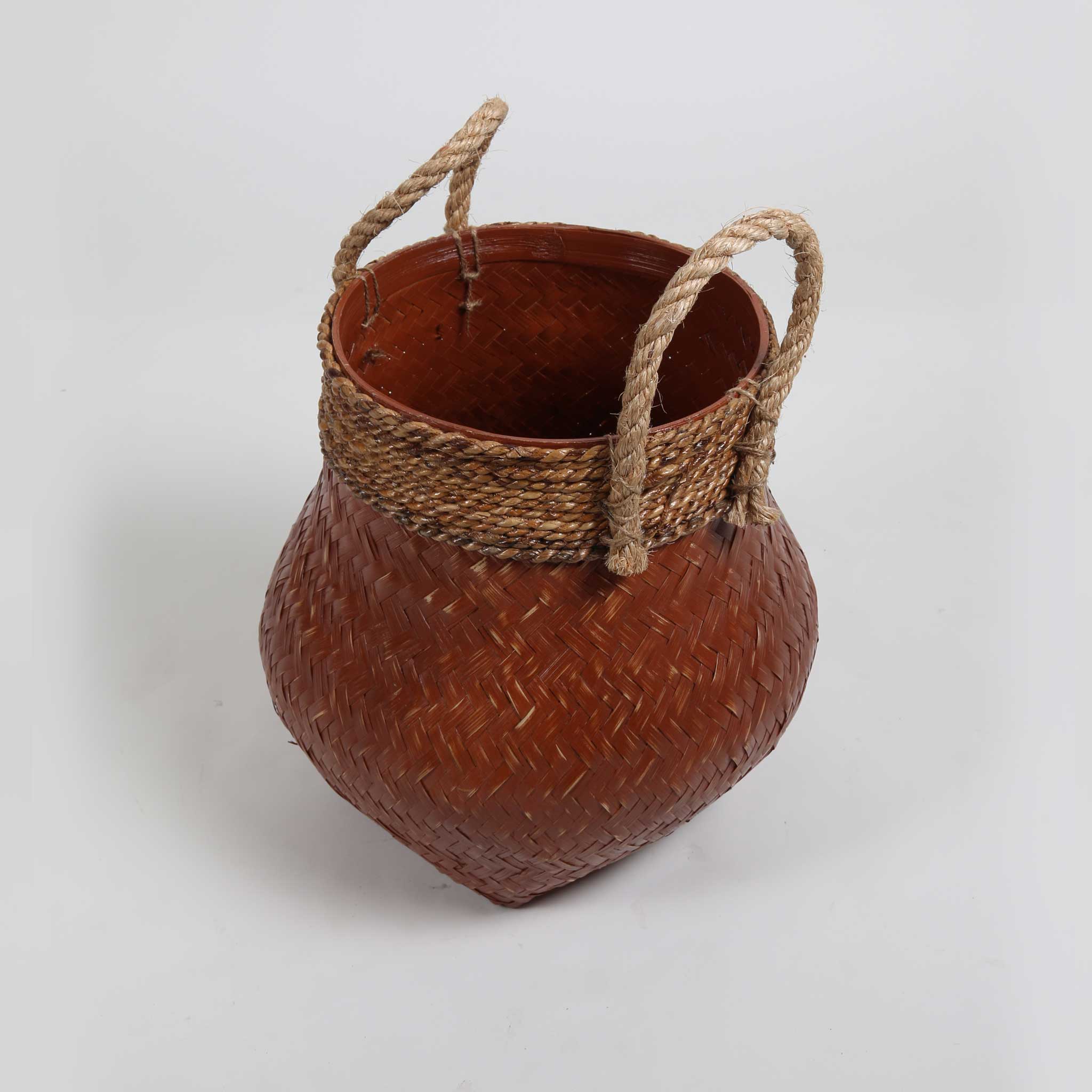 Brown Bamboo Woven Basket with Rope Handles and Lip