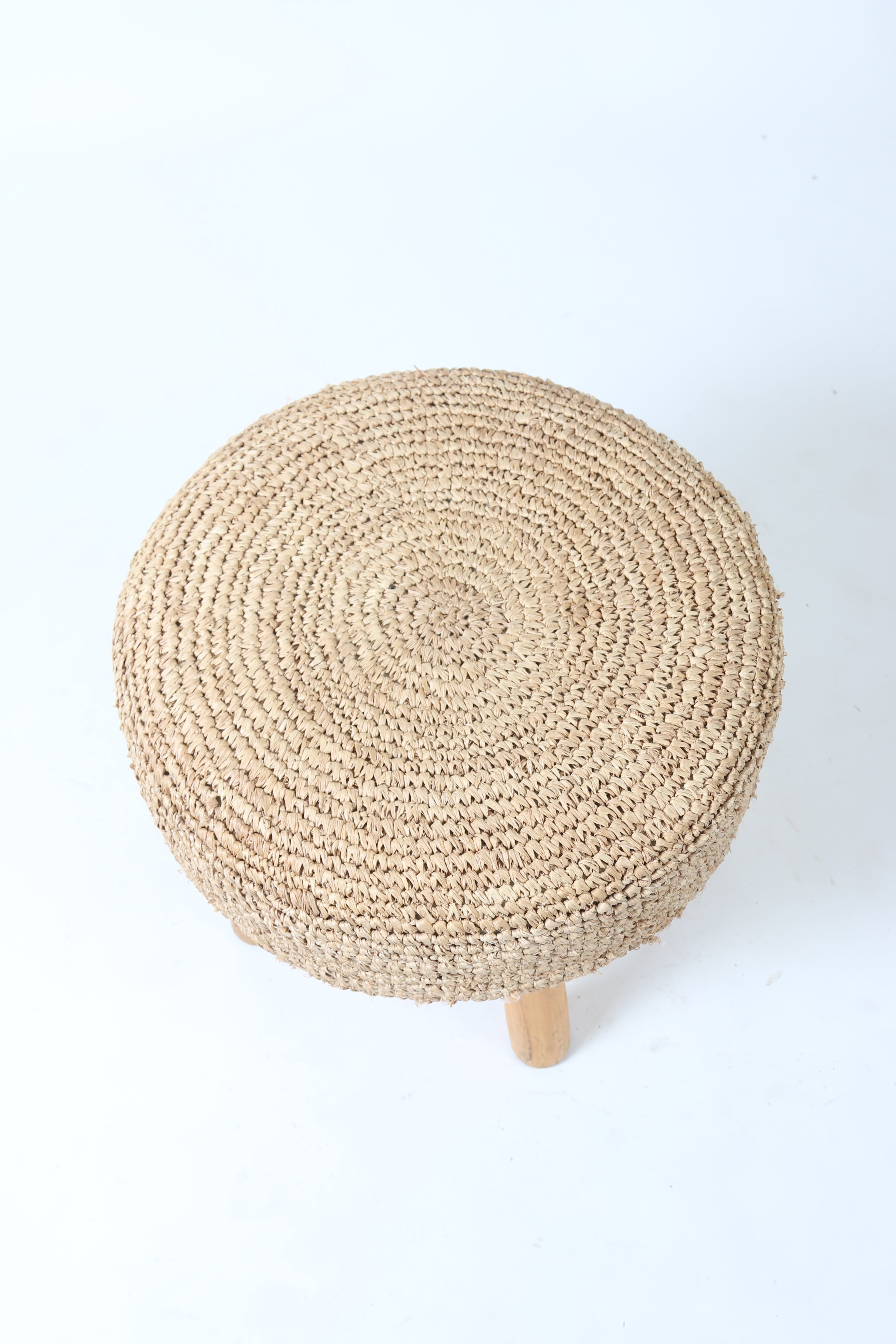 Padded Sea Grass Stool with Four Wooden Teak Legs