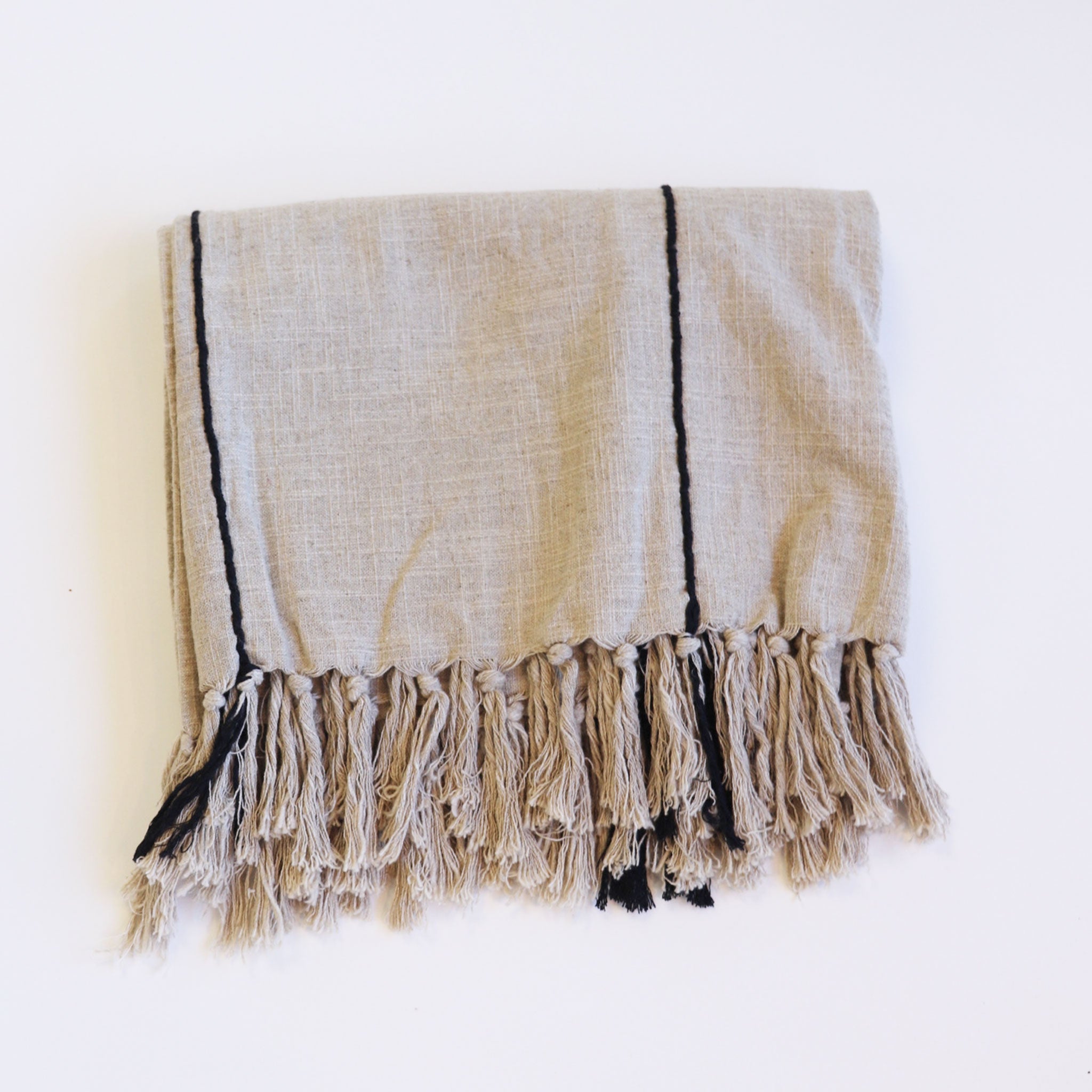 Beige Cotton Throw with Fringing and Black Stripes