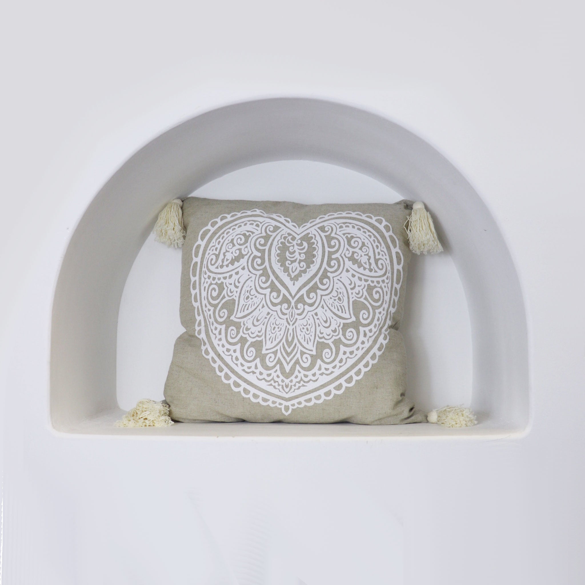 Beige Cushion Cover With White Mandala Pattern And Tassels
