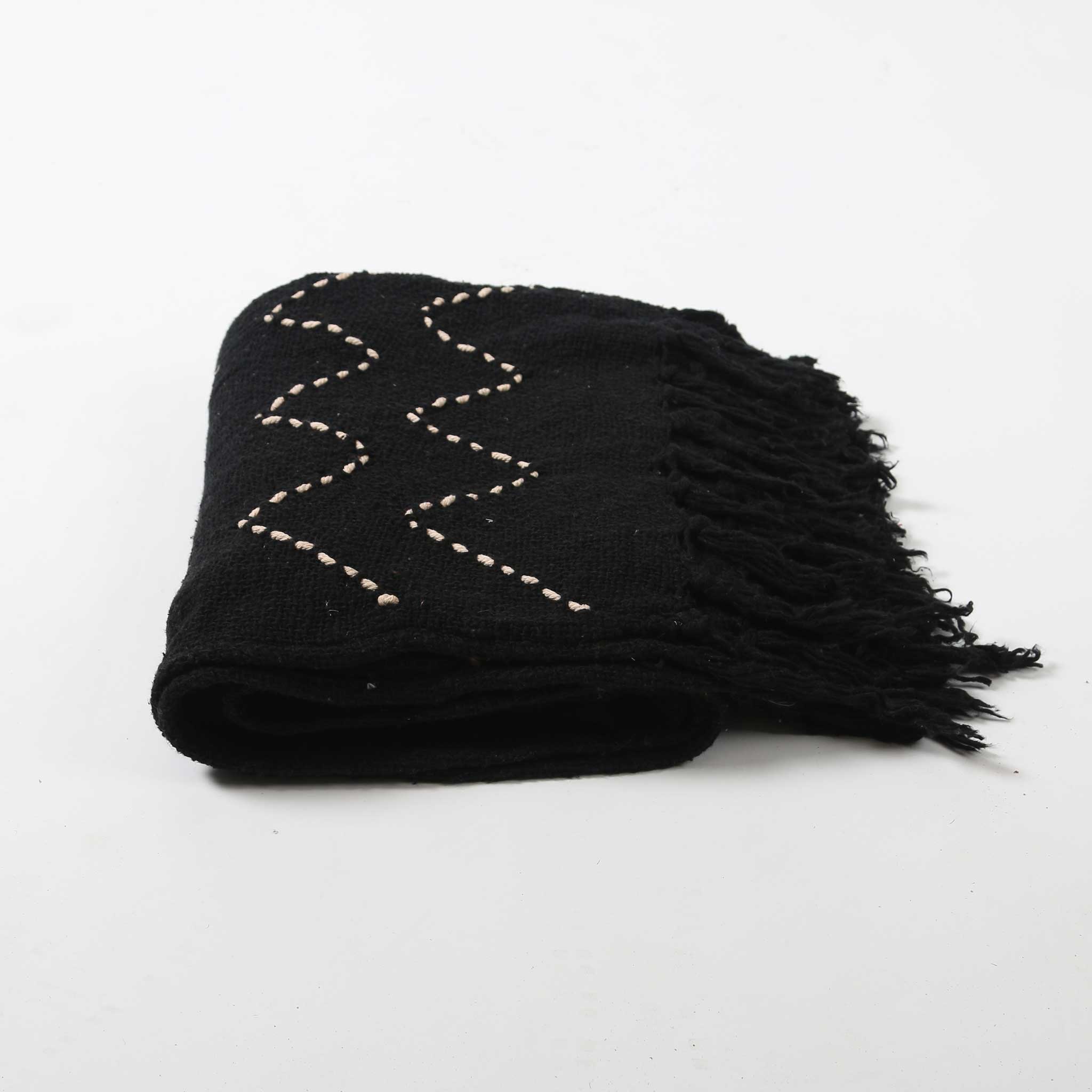 Black Cotton Throw with Zig Zag Stitched Pattern and Black Fringing