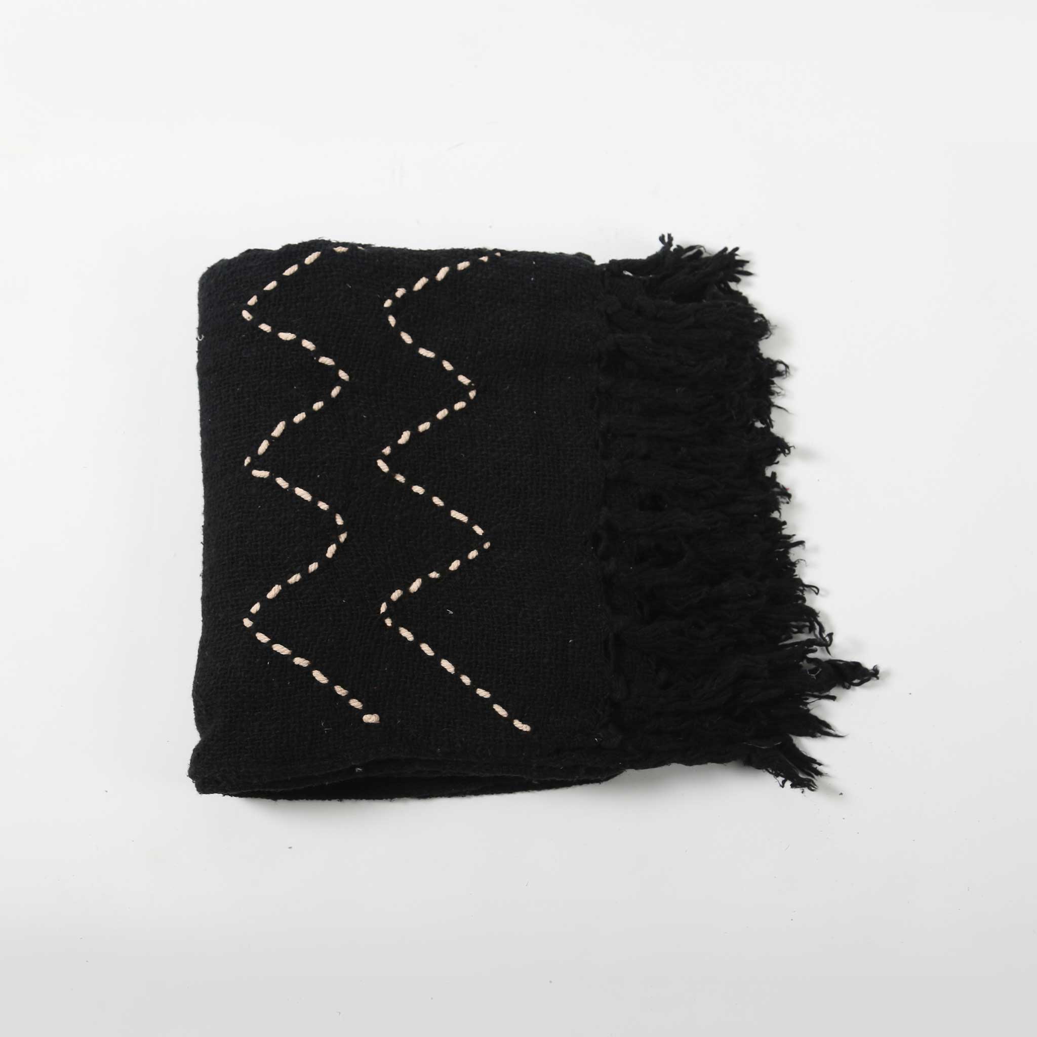Black Cotton Throw with Zig Zag Stitched Pattern and Black Fringing