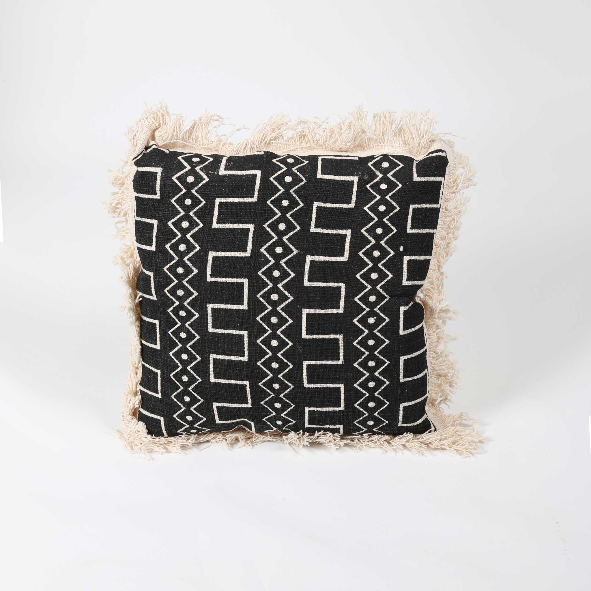Black Patterned Cotton Cushion Cover with Natural Fringing