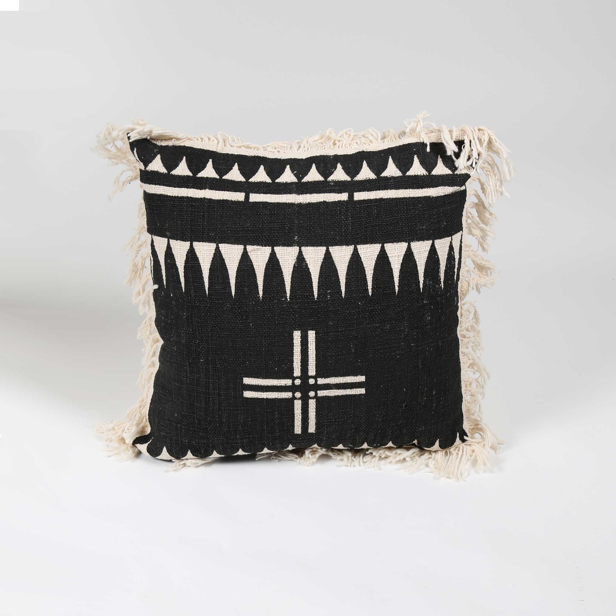 Black and Natural Patterned Cotton Cushion Cover with Natural Fringing