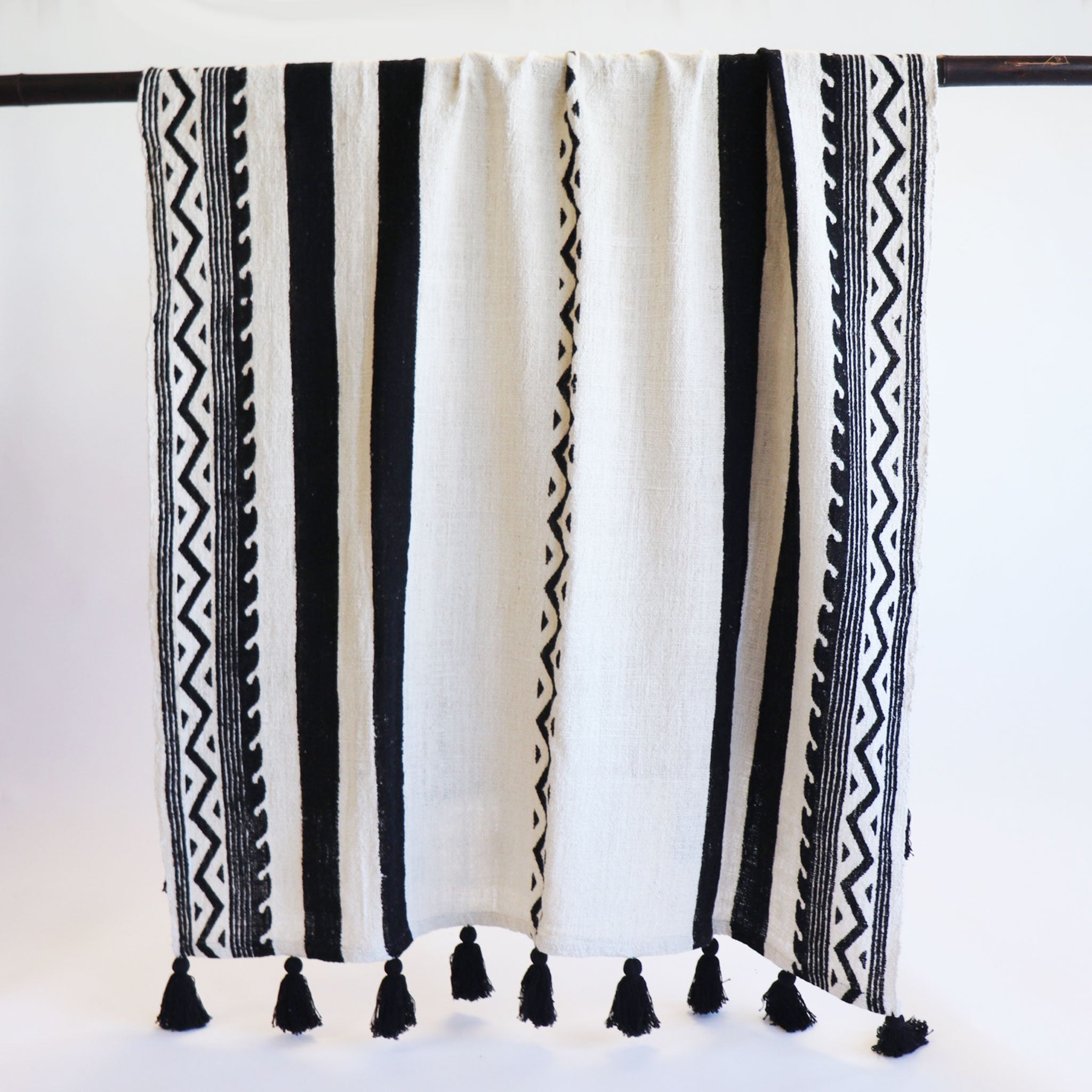 Black and White Cotton Throw with Black Tassels