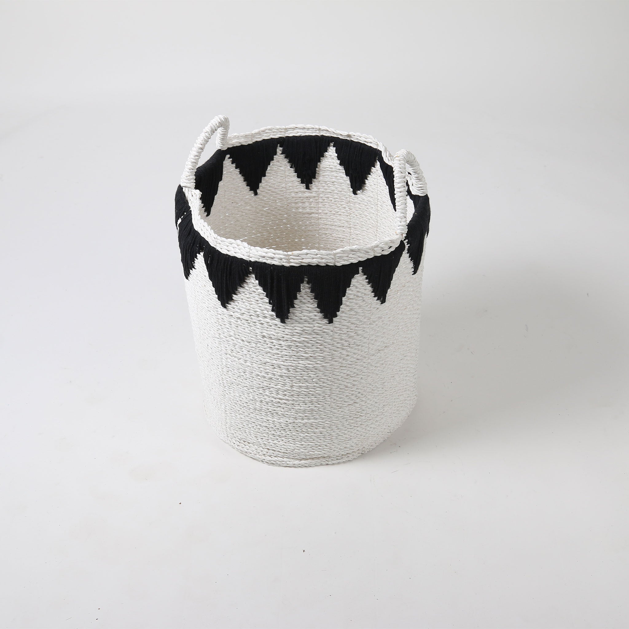 Black and White Laundry Basket with Macrame Lip