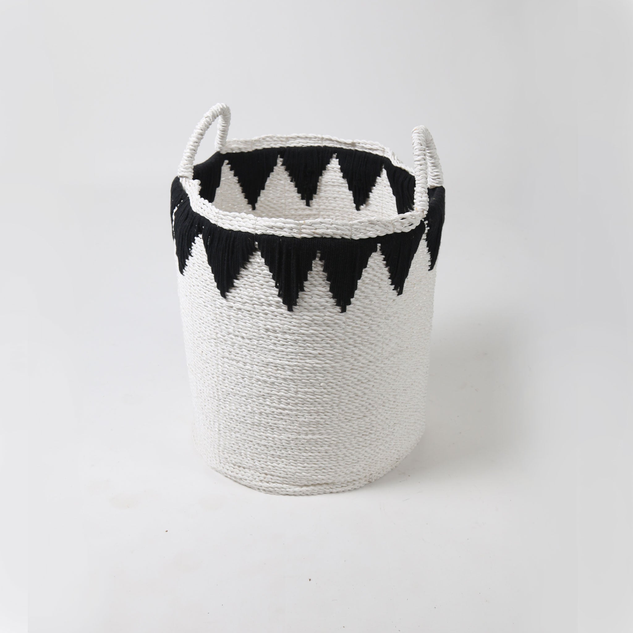 Black and White Laundry Basket with Macrame Lip