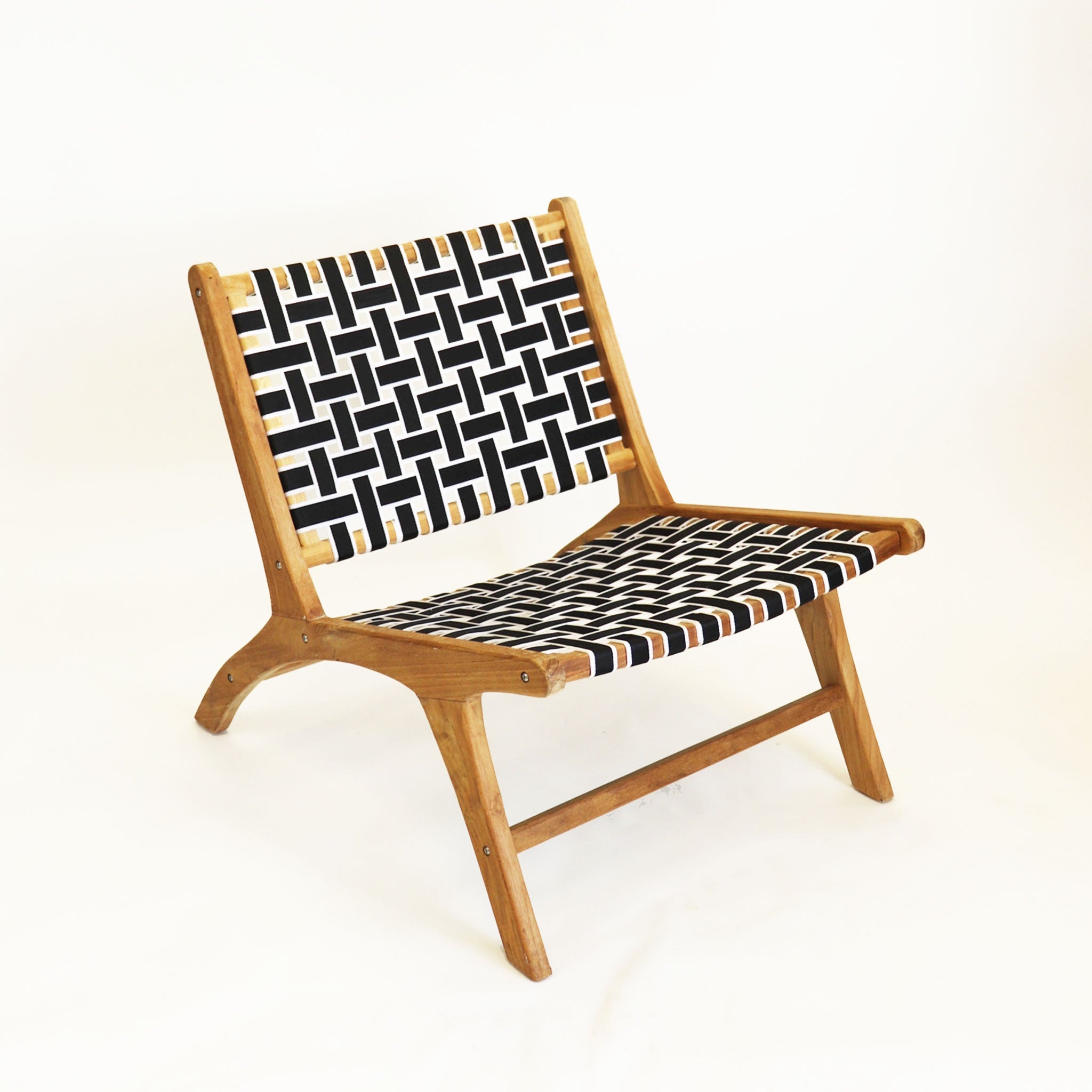 Black and White Teak and Nylon Strap Lazy Chair
