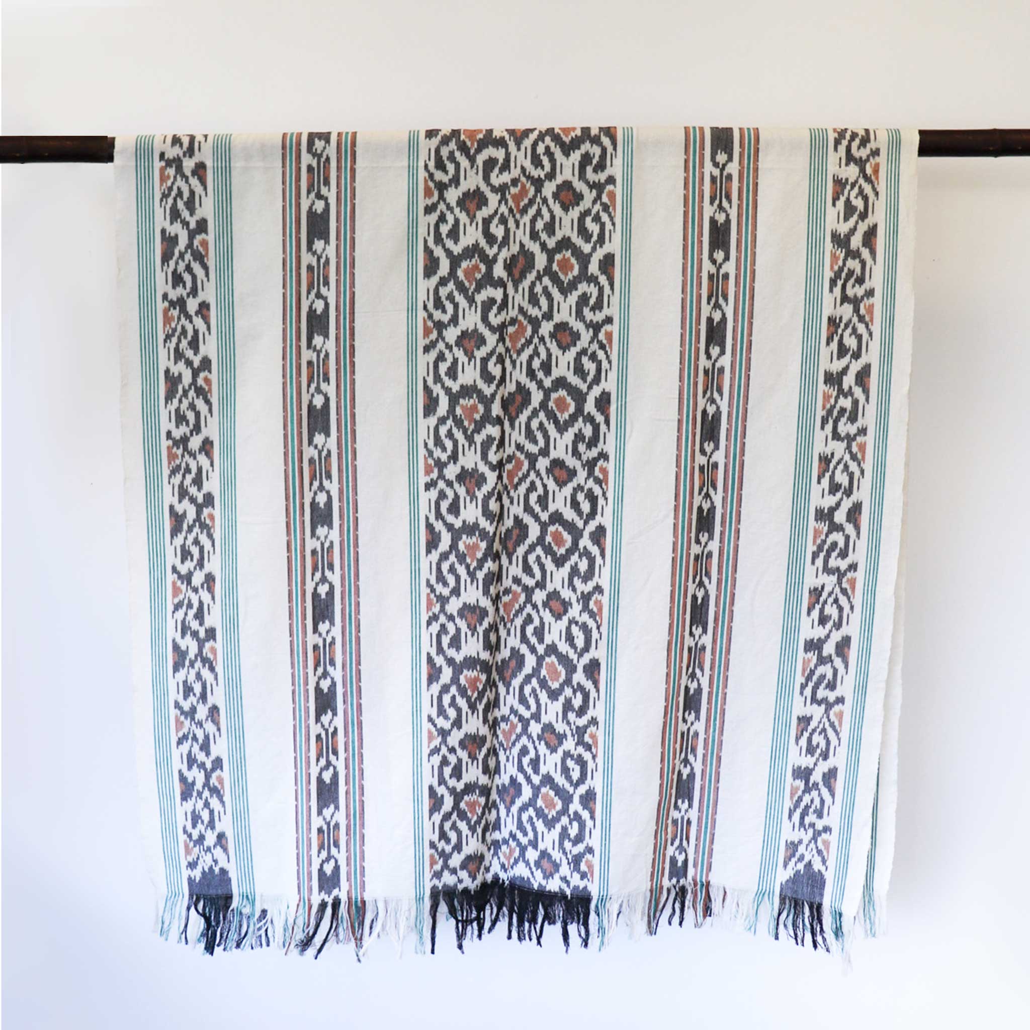 Cream Cotton Throw With Turquoise, Black and Tan Pattern