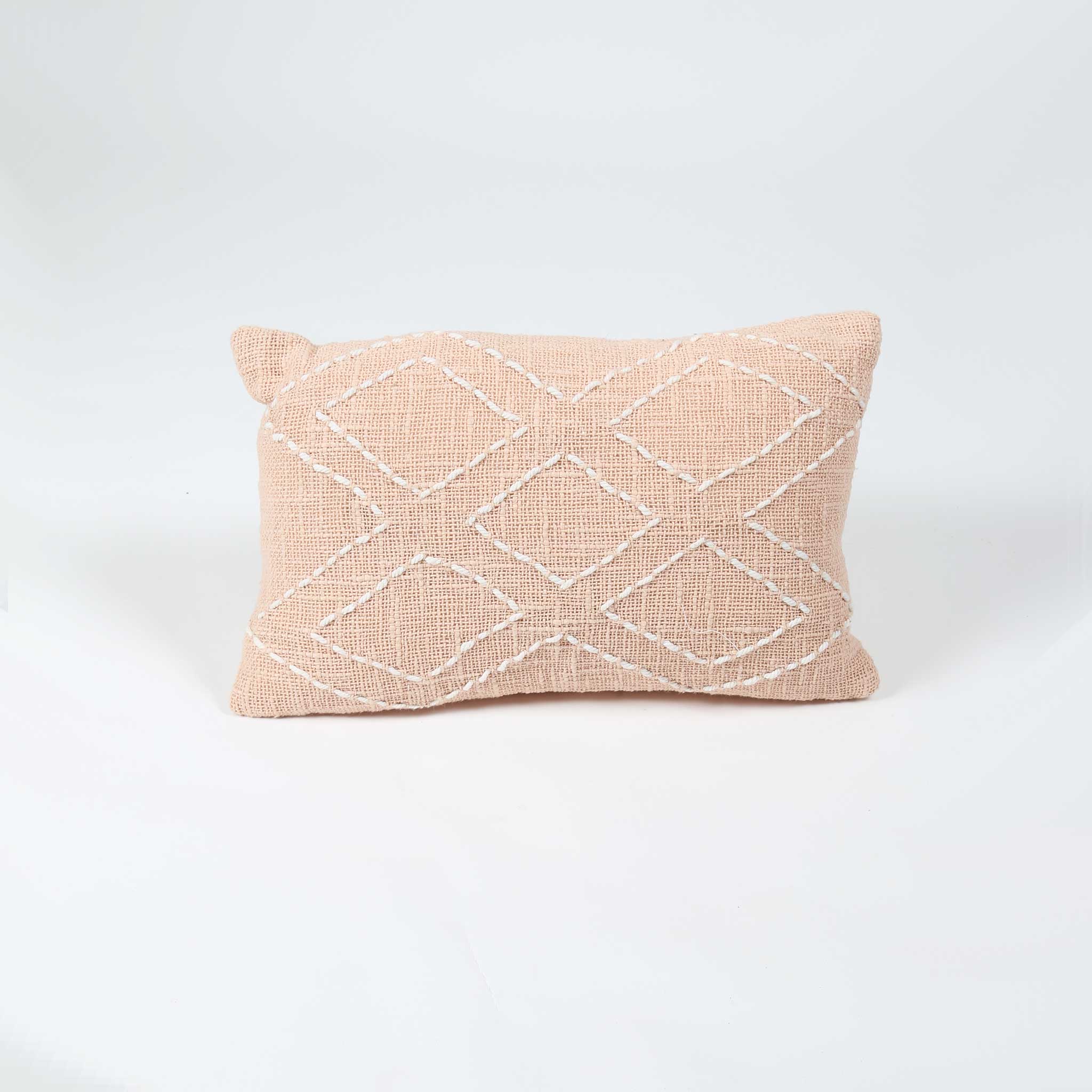 Blush Pink Cotton Cushion Cover with Cross Pattern Stitching