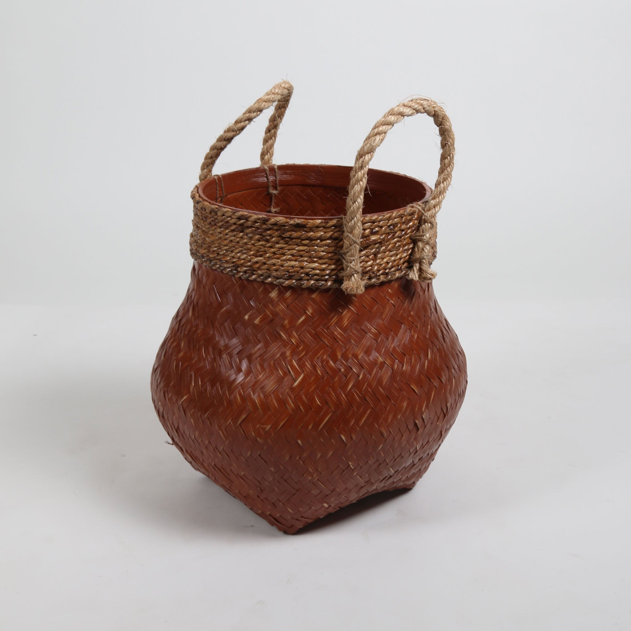 Brown Bamboo Woven Basket with Rope Handles and Lip