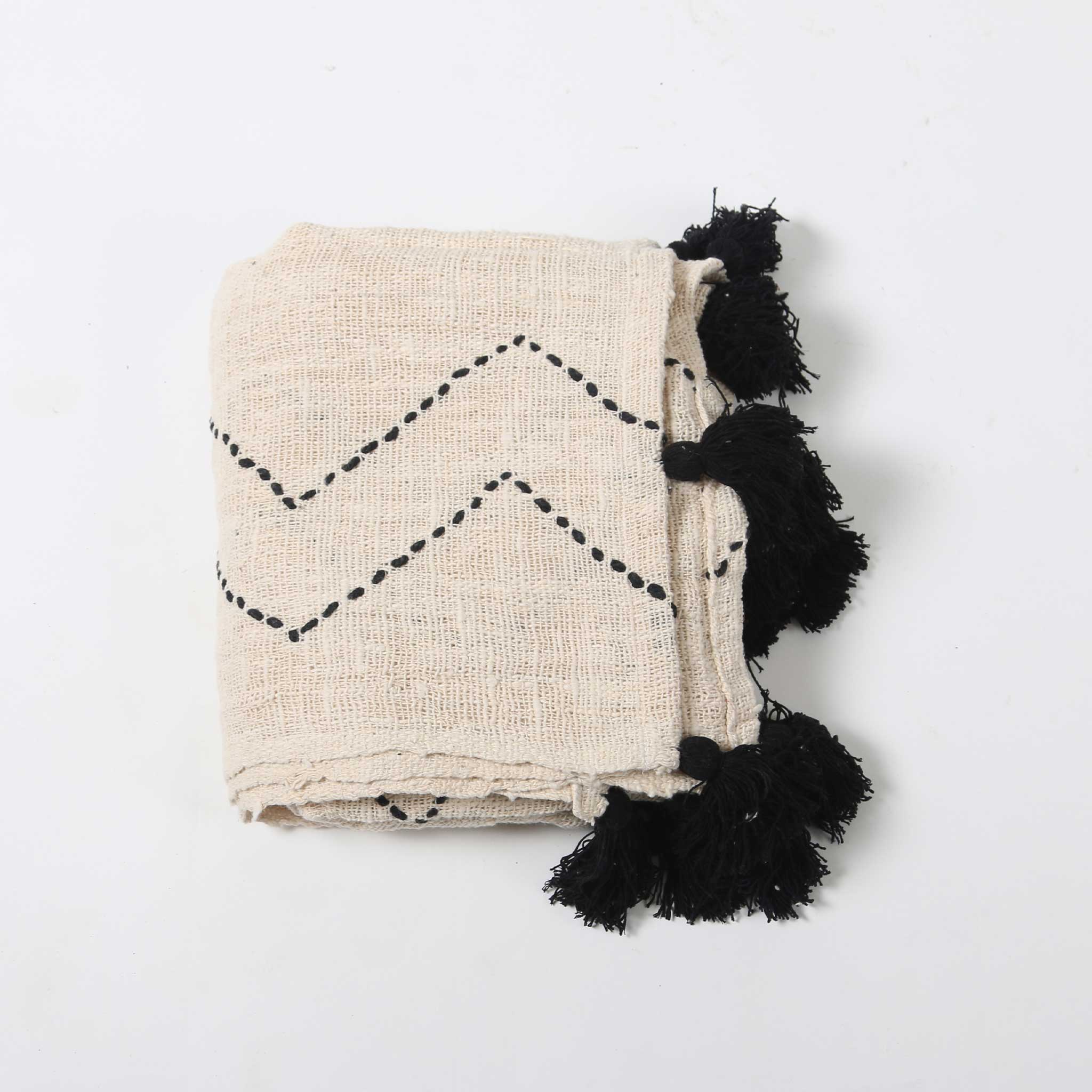 Cream Cotton Throw with Black Stitching and End Tassels