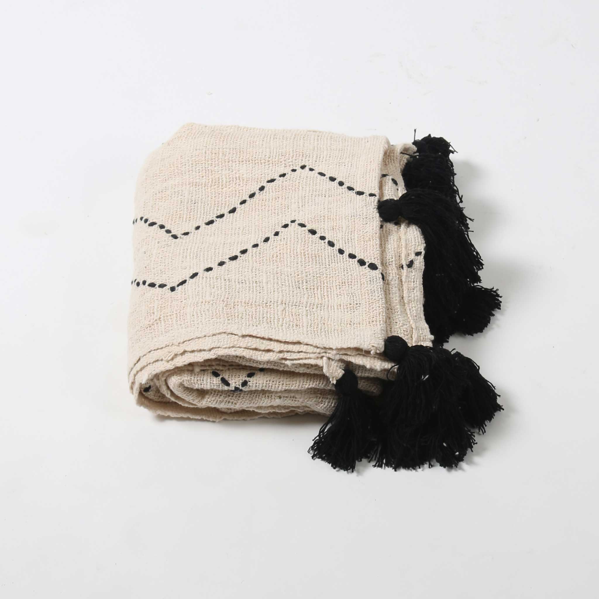 Cream Cotton Throw with Black Stitching and End Tassels