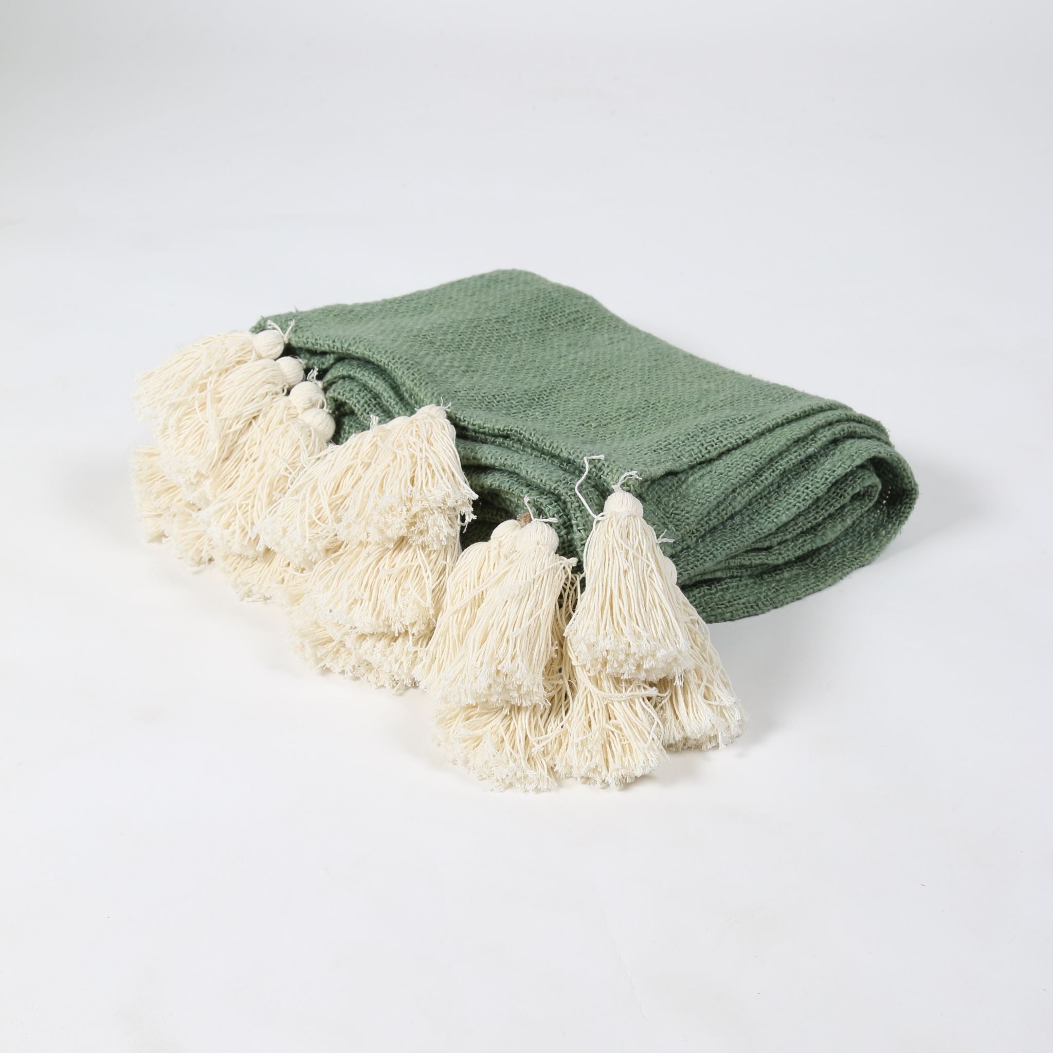 Forest Green Cotton Throw with White End Tassels