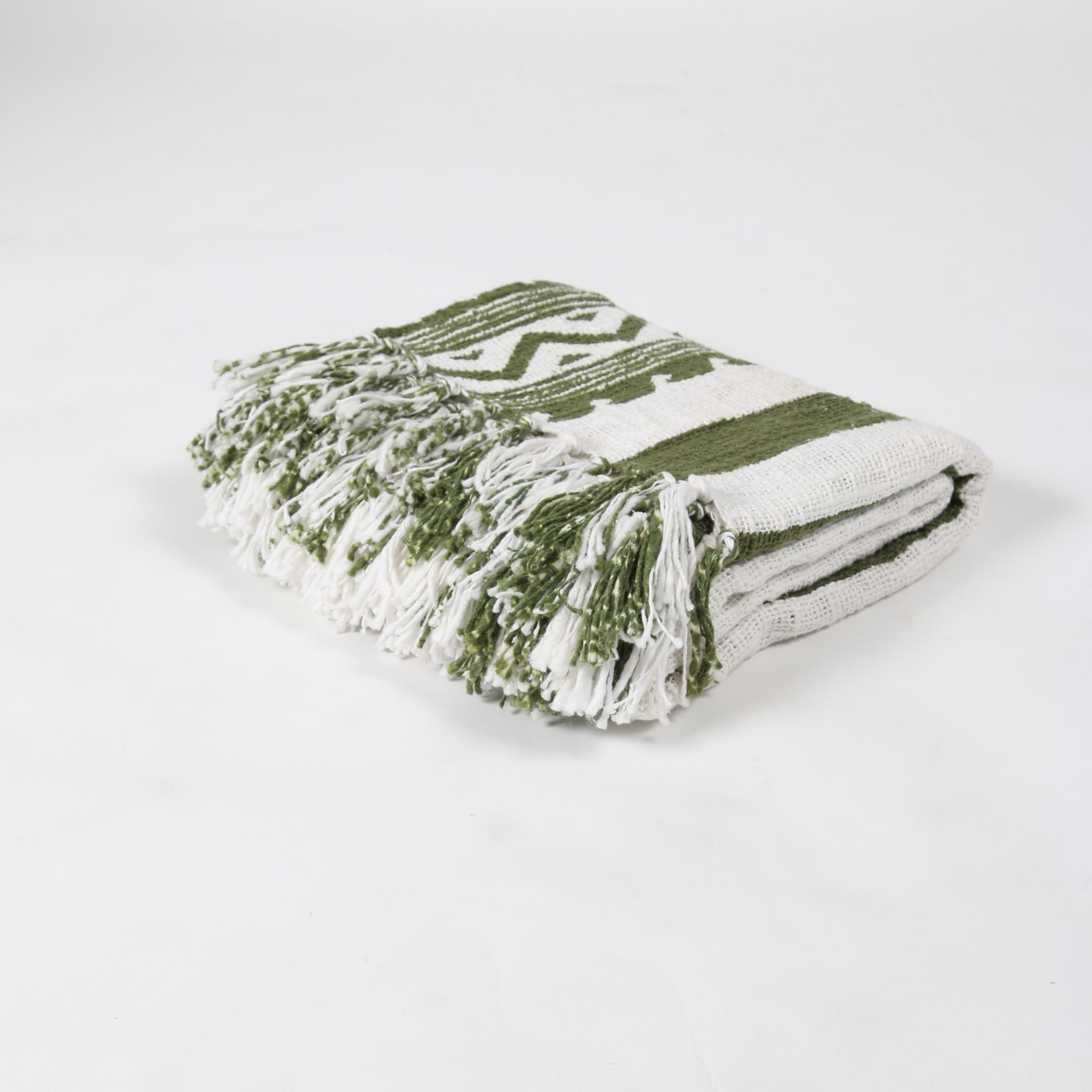 Forest Green and White Cotton Throw with Frayed Fringing