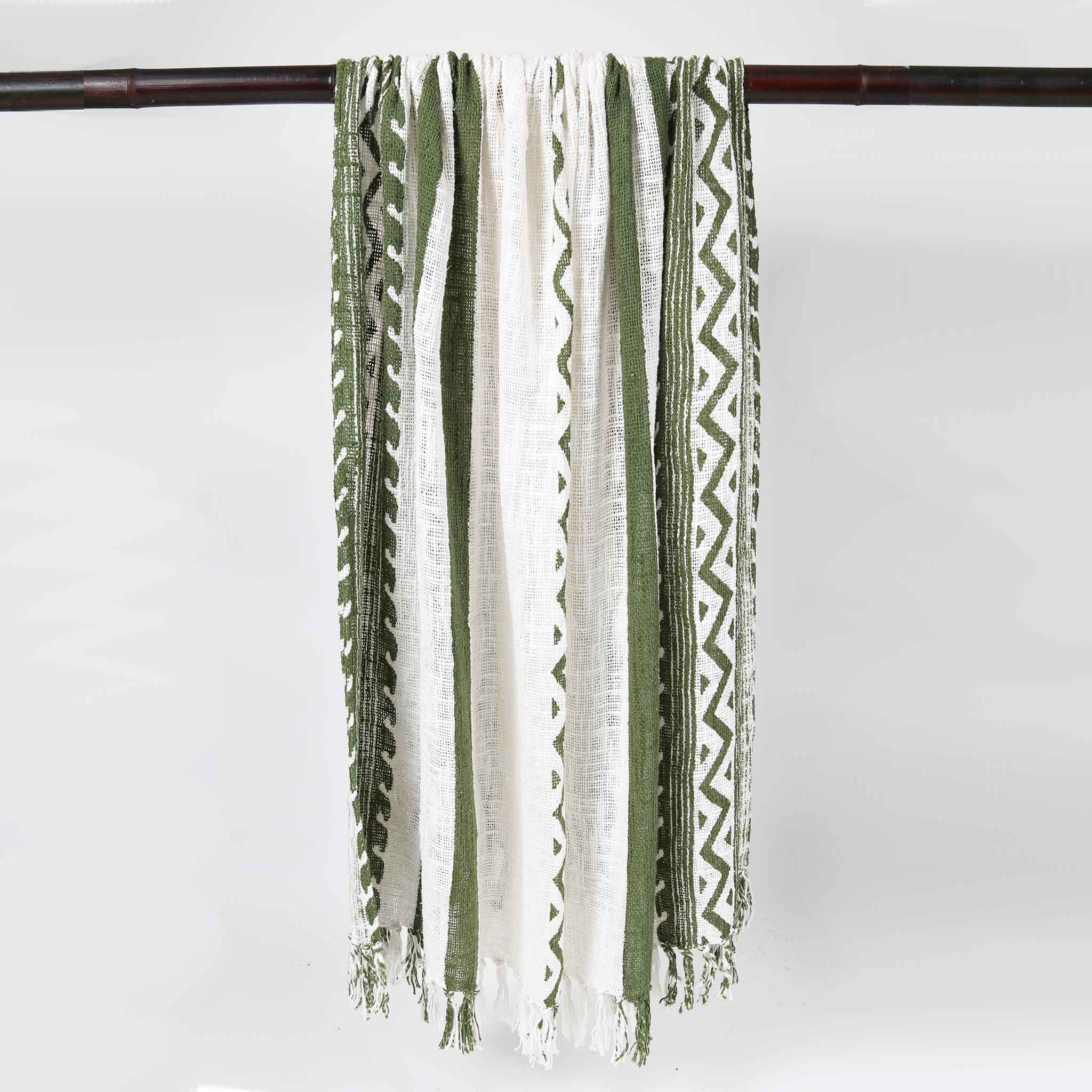 Forest Green and White Cotton Throw with Frayed Fringing