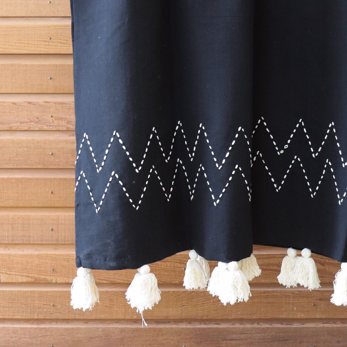 Black Cotton Throw with Zig Zag Stitched Pattern & Cream Tassels