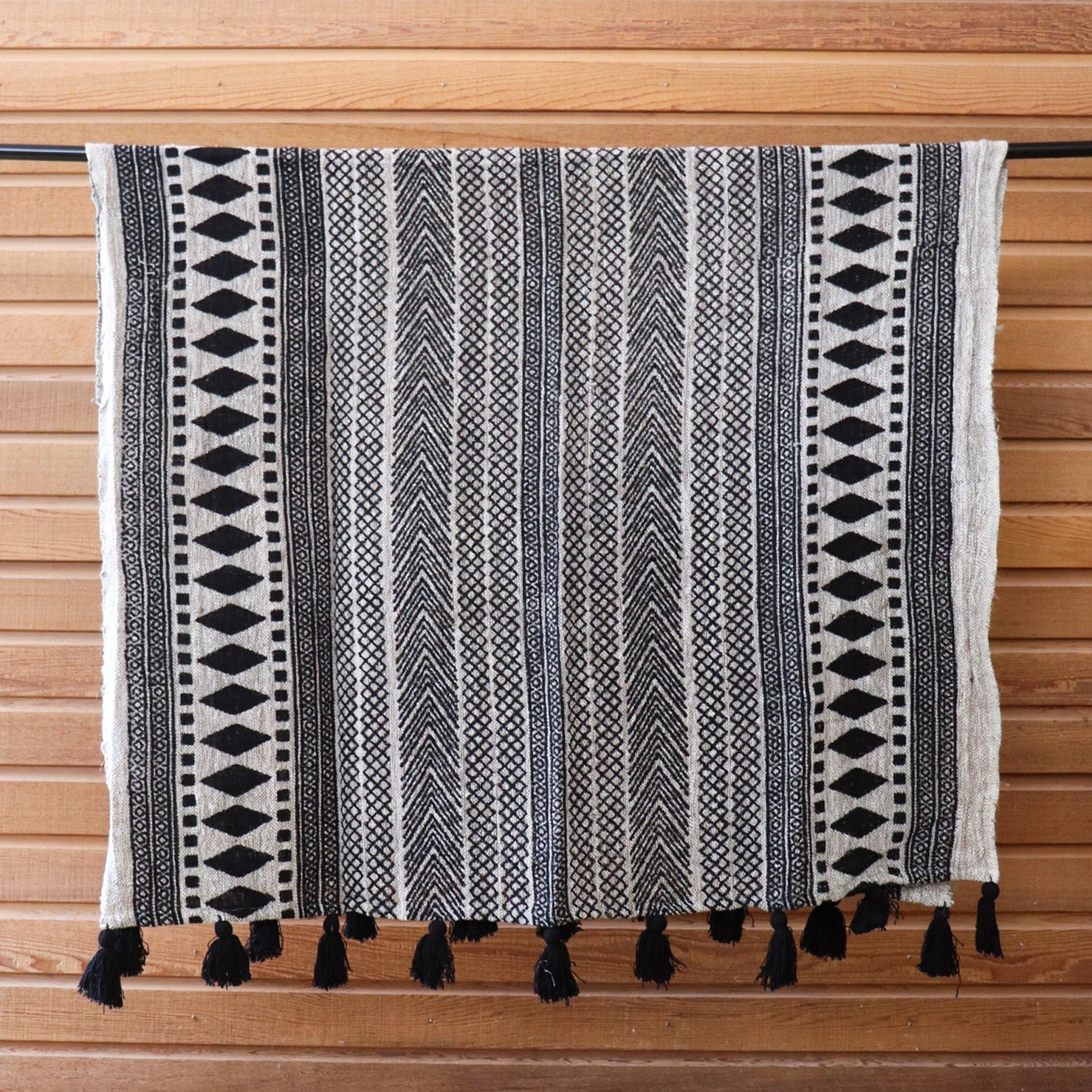 Black & Beige Patterned Cotton Throw with Black Tassels