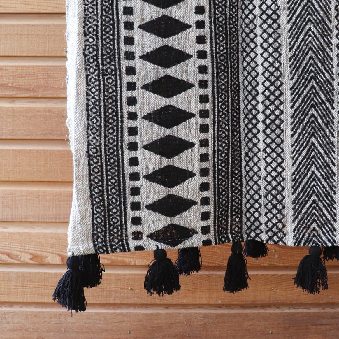 Black & Beige Patterned Cotton Throw with Black Tassels