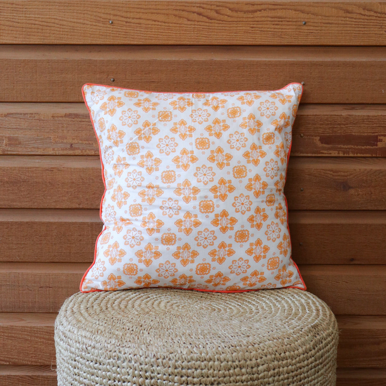 Orange & White Patterned Cotton Cushion Cover