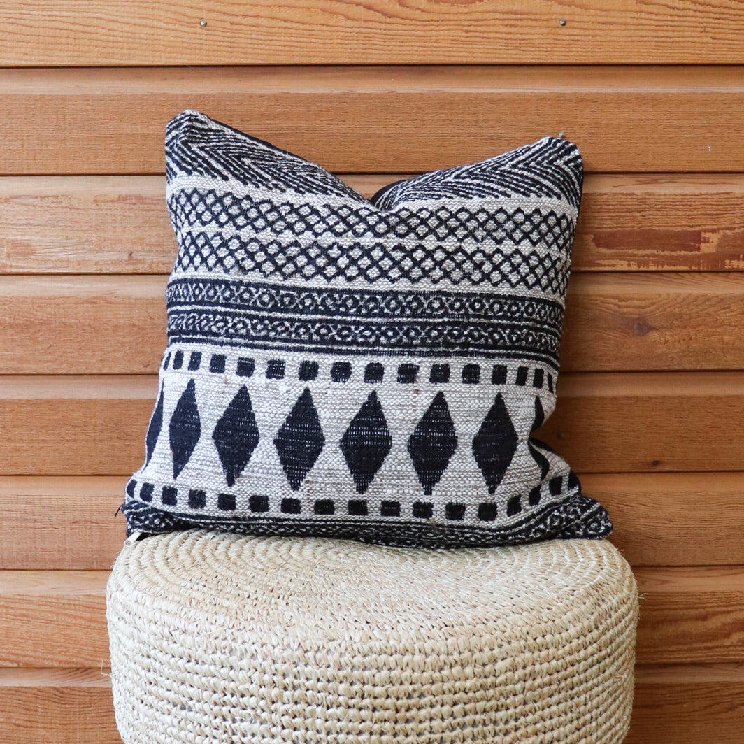 Natural & Black Patterned Cotton Cushion Cover