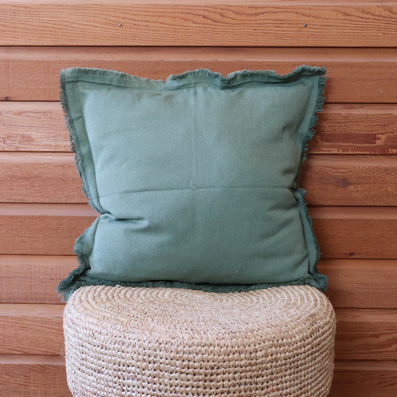 Moss Green with Fringing with Cream Boarder Cotton Cushion Cover