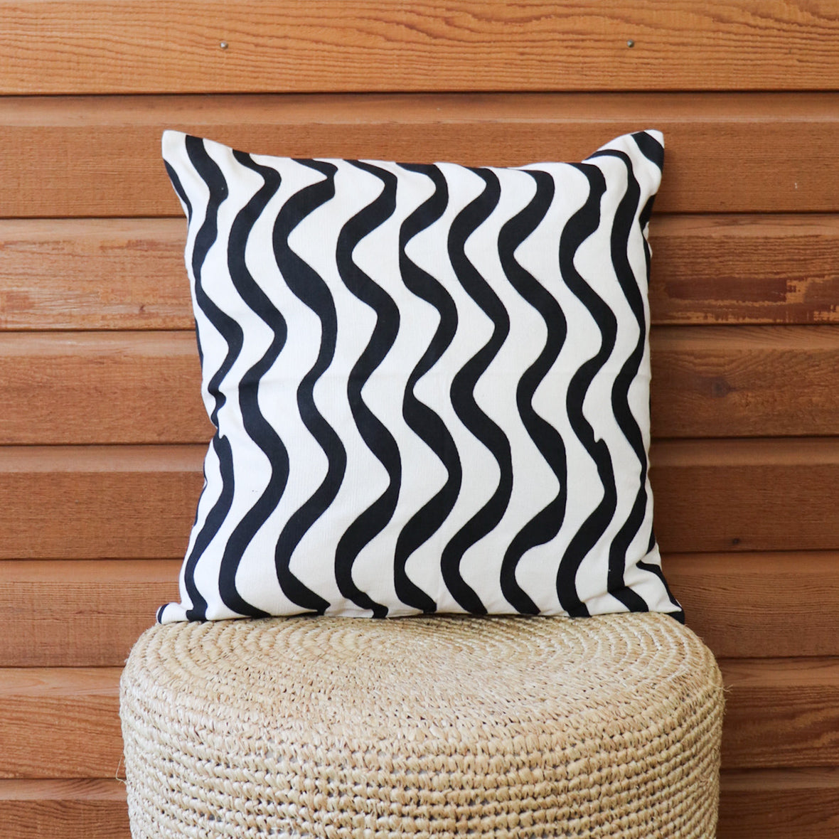 White & Black Squiggle Patterned Cotton Cushion Cover