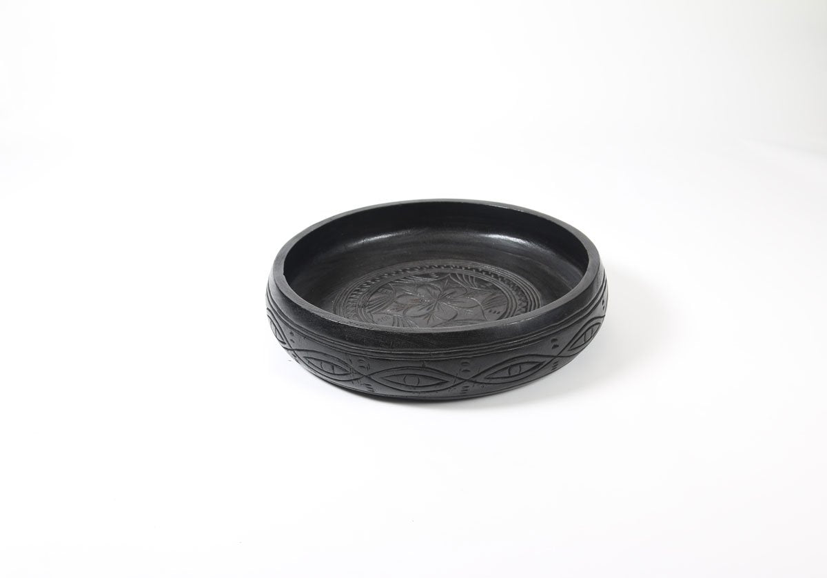 Intricately Carved Black Wooden Bowl