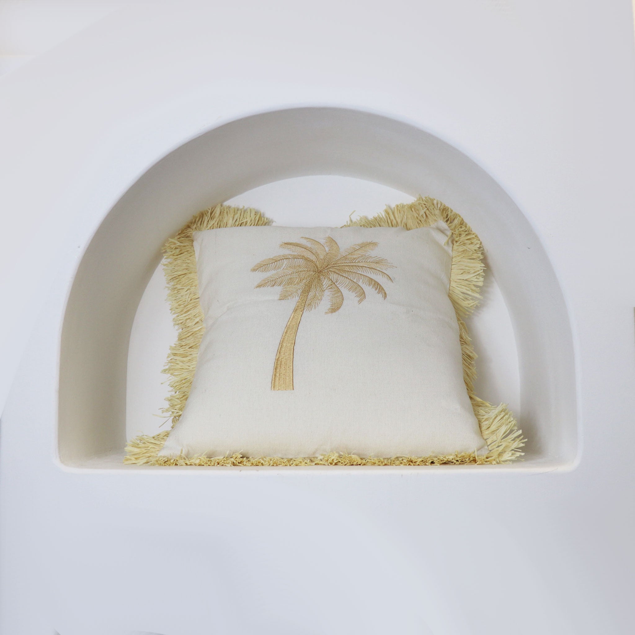 Cream Palm Tree Cushion Cover with Jute Tassels