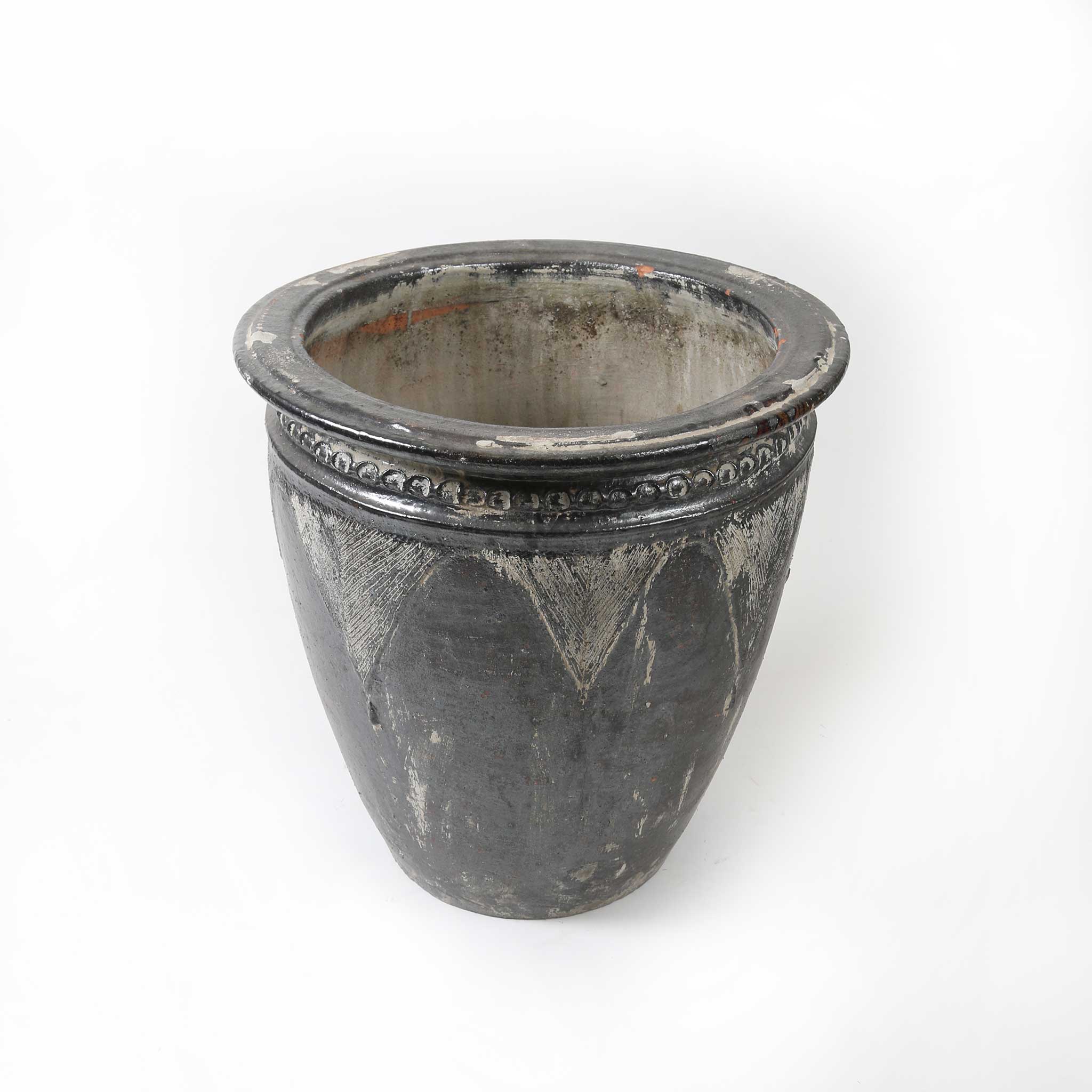 Large Grey Glazed Feature Pot with Triangle Etched Pattern