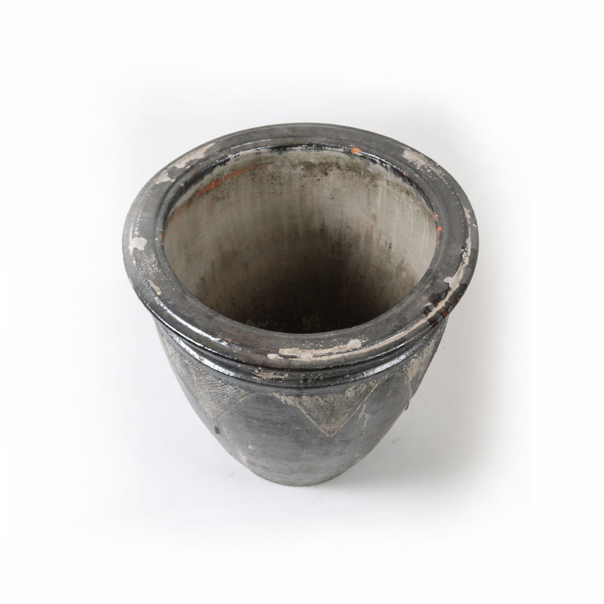 Large Grey Glazed Feature Pot with Triangle Etched Pattern