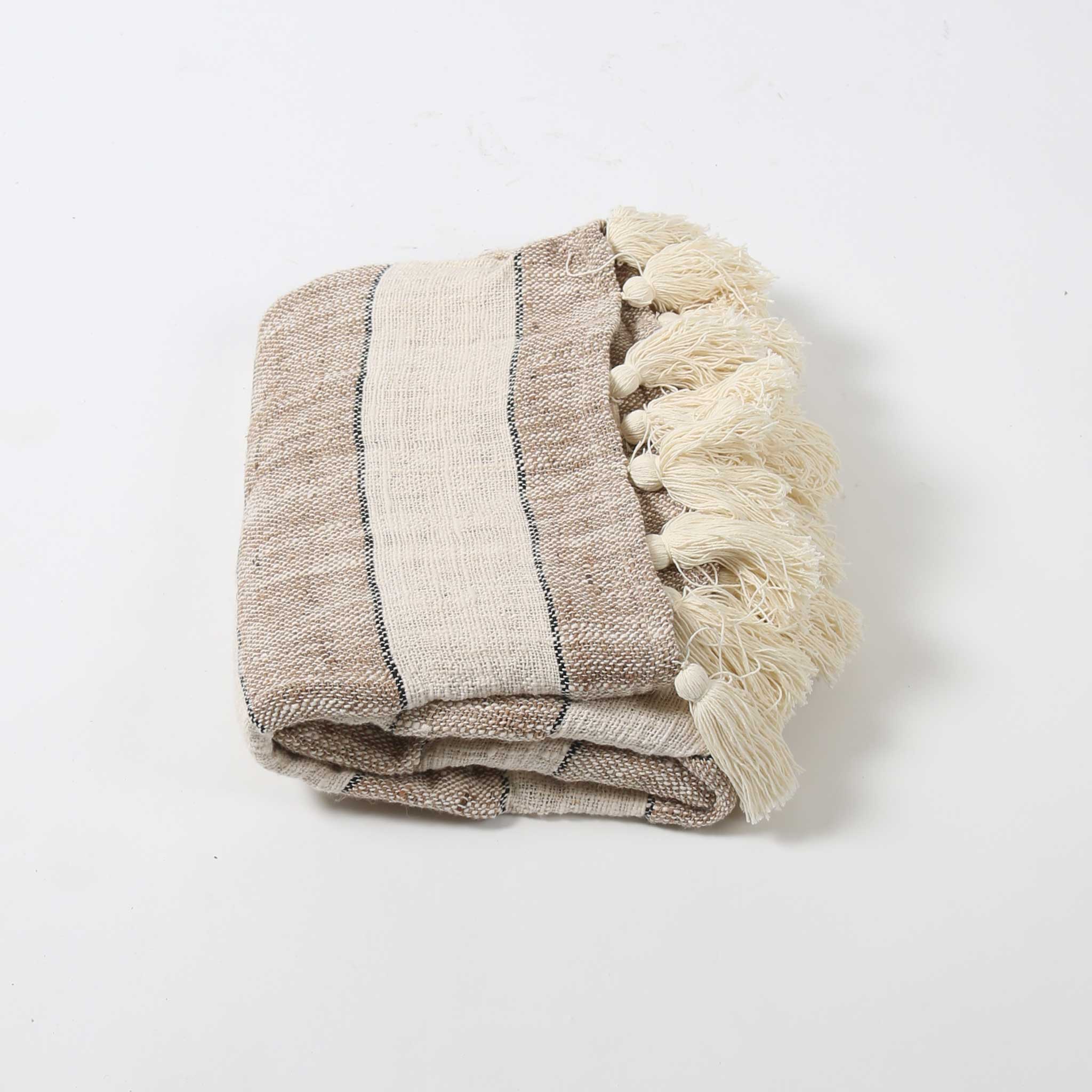 Light Brown and Cream Cotton Throw with Cream Tassels