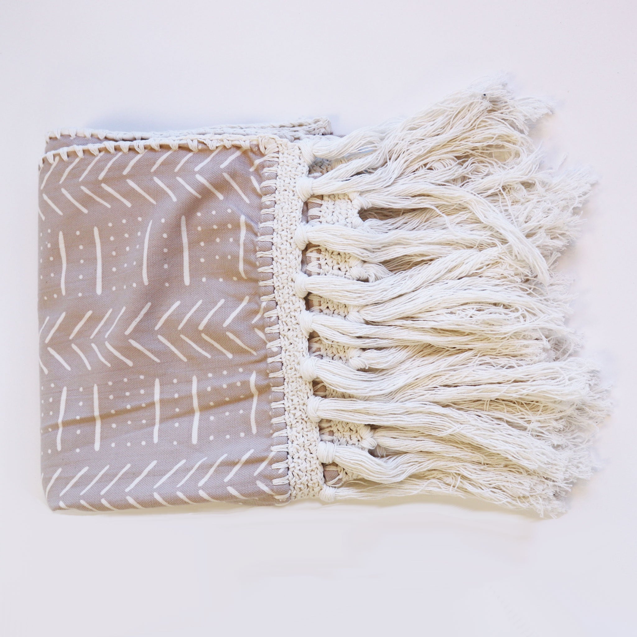 Light Pink Cotton Throw with White Patterns And Natural Fringing