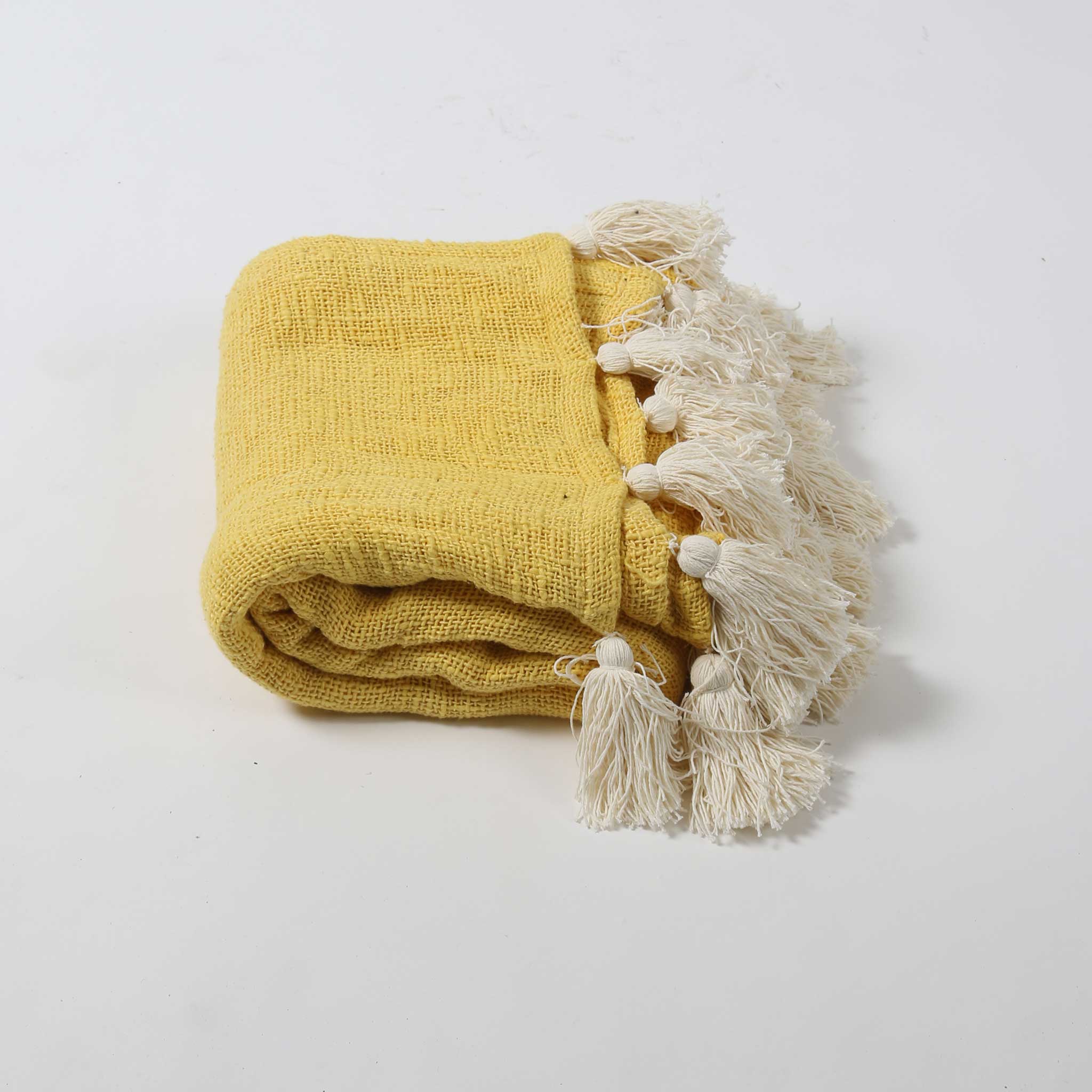 Mustard Cotton Textured Throw with Cream Tassels