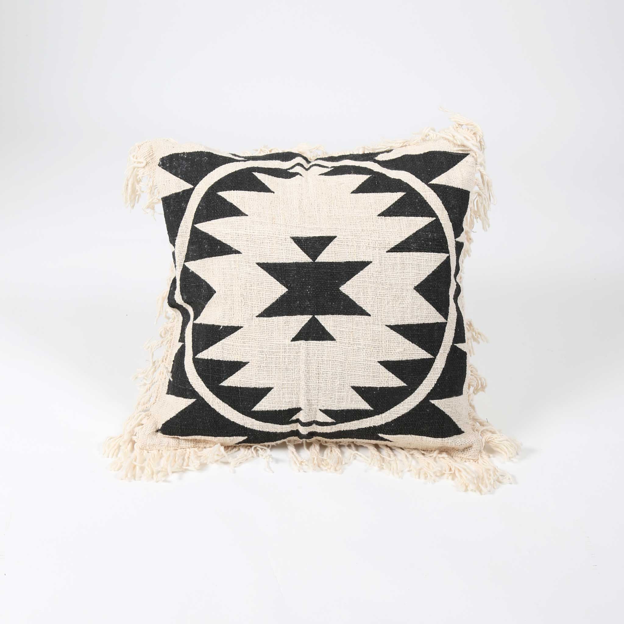 Natural And Black Cushion Cover with Cream Fringing