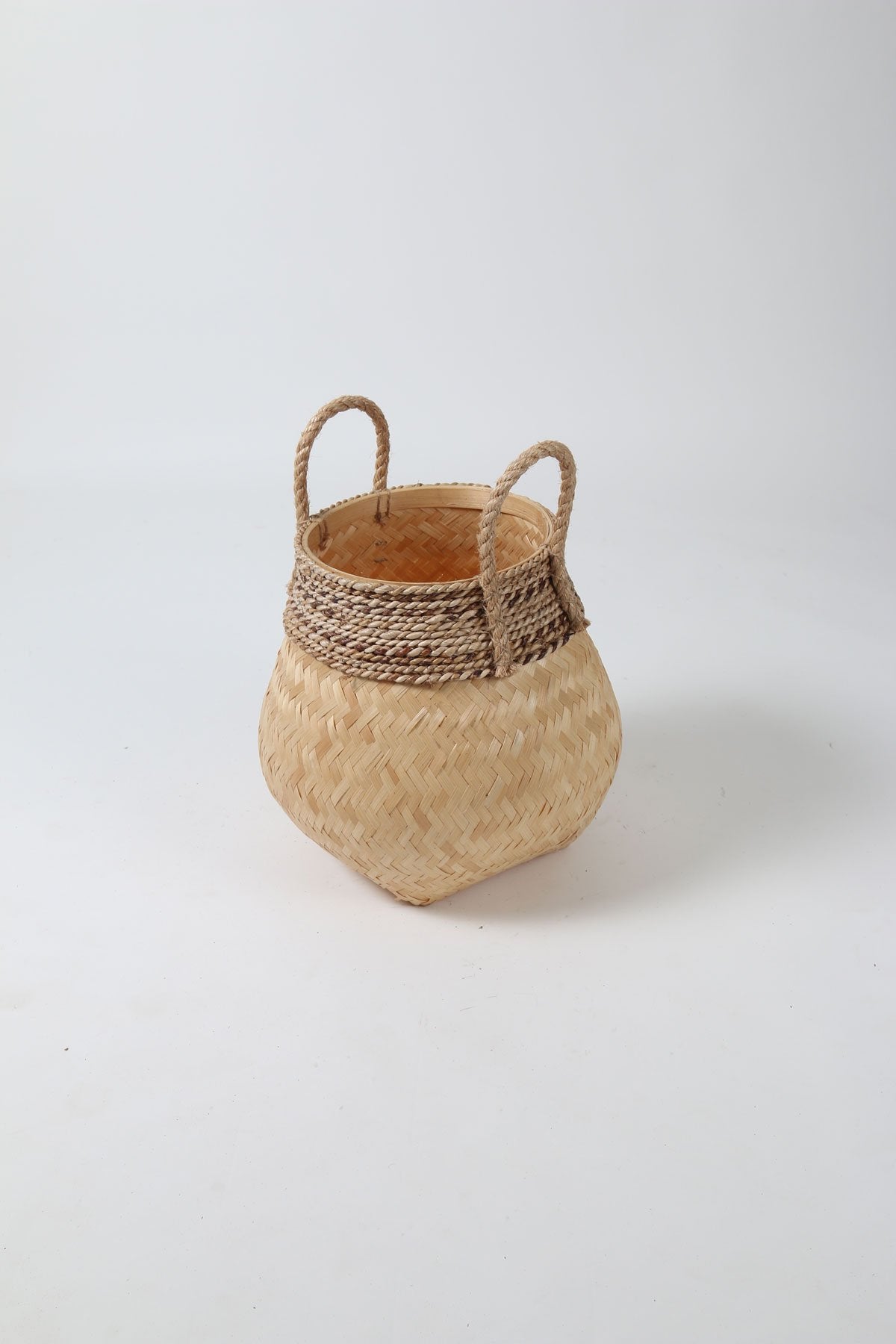 Natural Bamboo Small Basket with Rope Lip and Handles