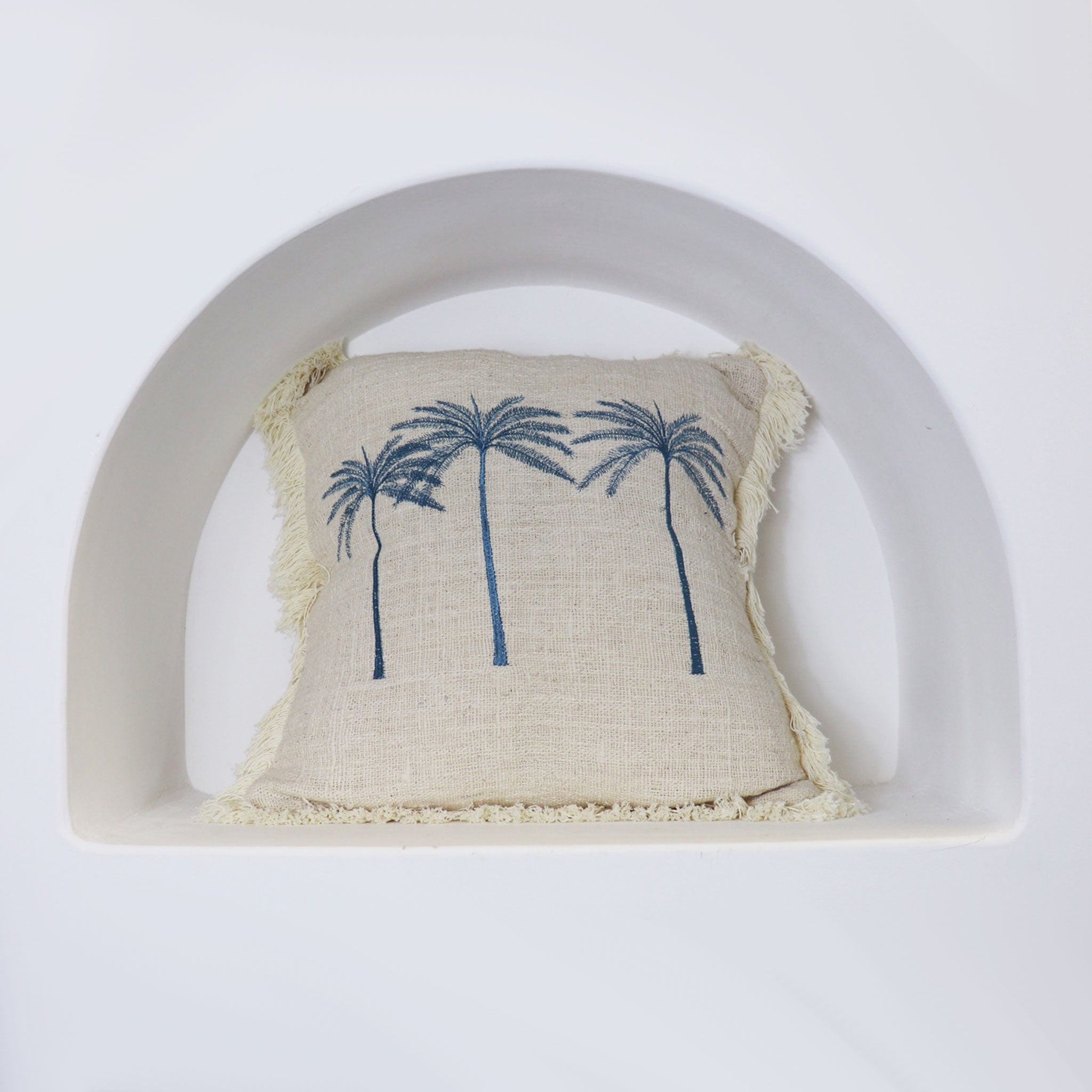 Blue Palm Tree Cream Cushion Cotton Cover with Fringing