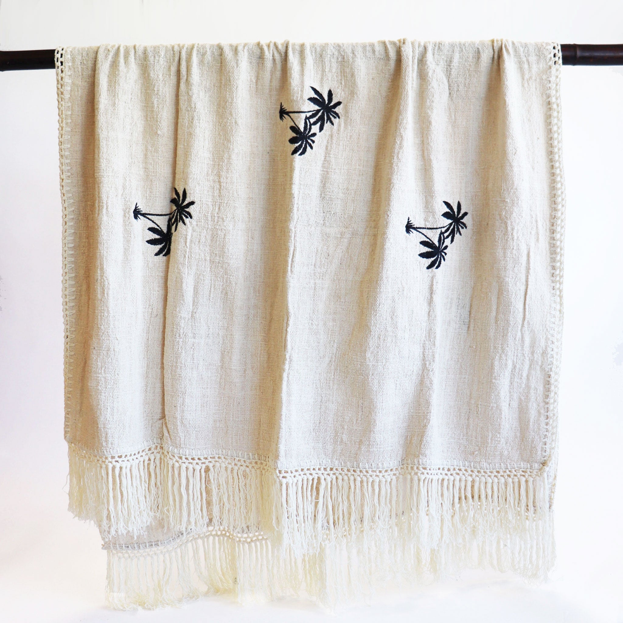 Natural Cotton Throw with Black Palm Trees and Cream Fringing