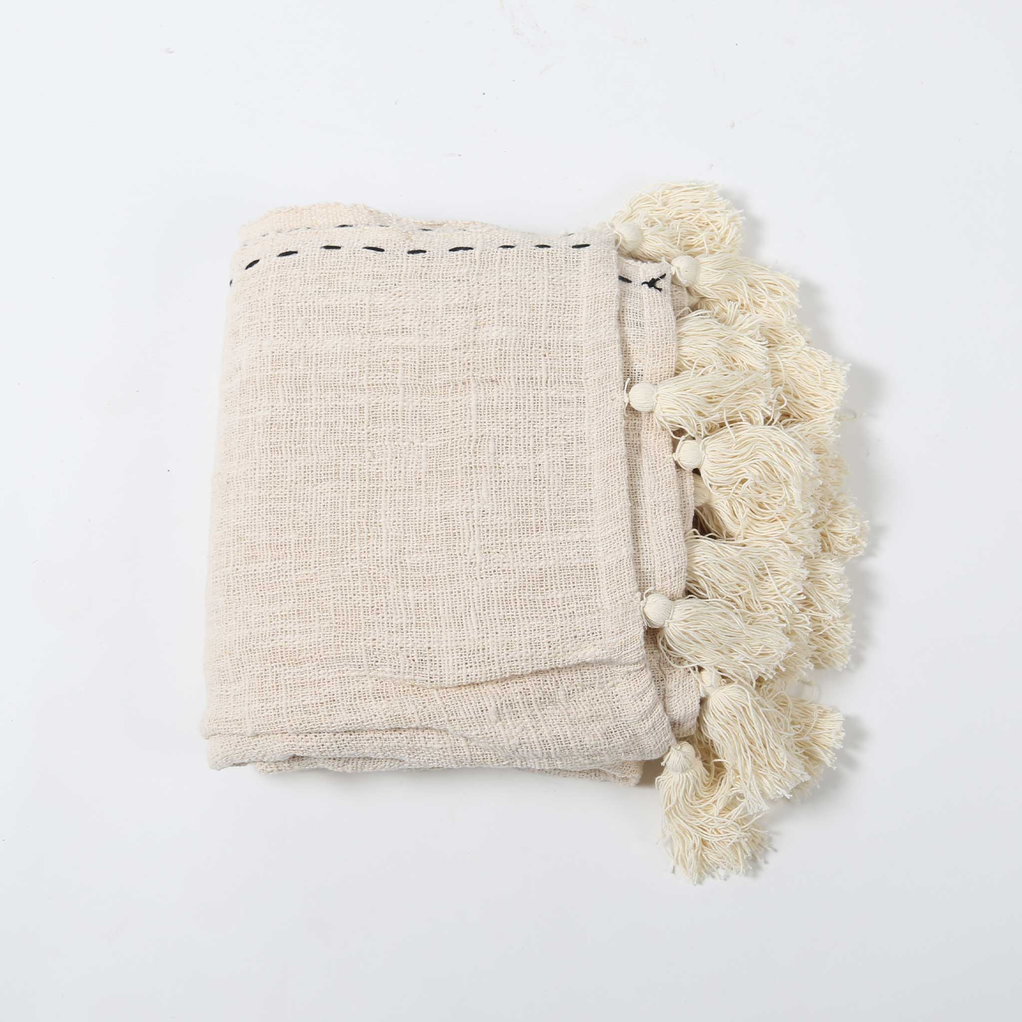 Natural Cotton Throw with Black Stitching and Natural Tassels