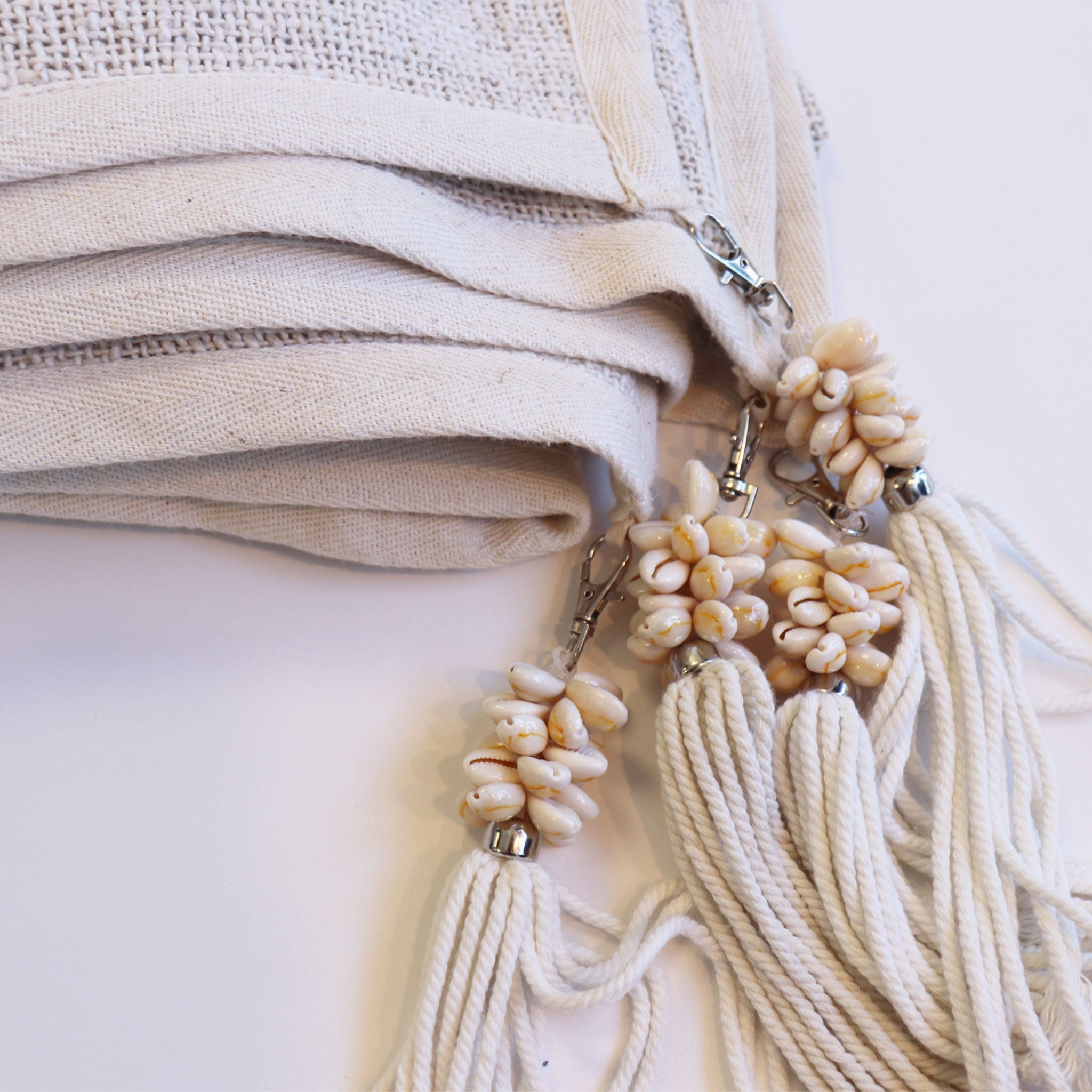 Natural Cotton Throw with Cream and Shell Tassels