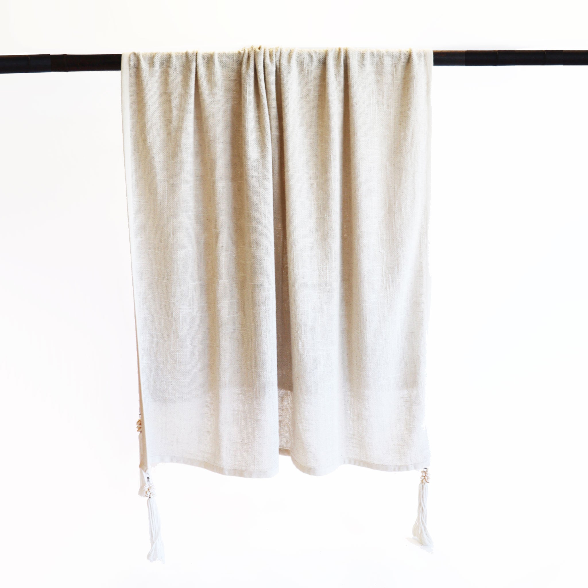 Natural Cotton Throw with Cream and Shell Tassels