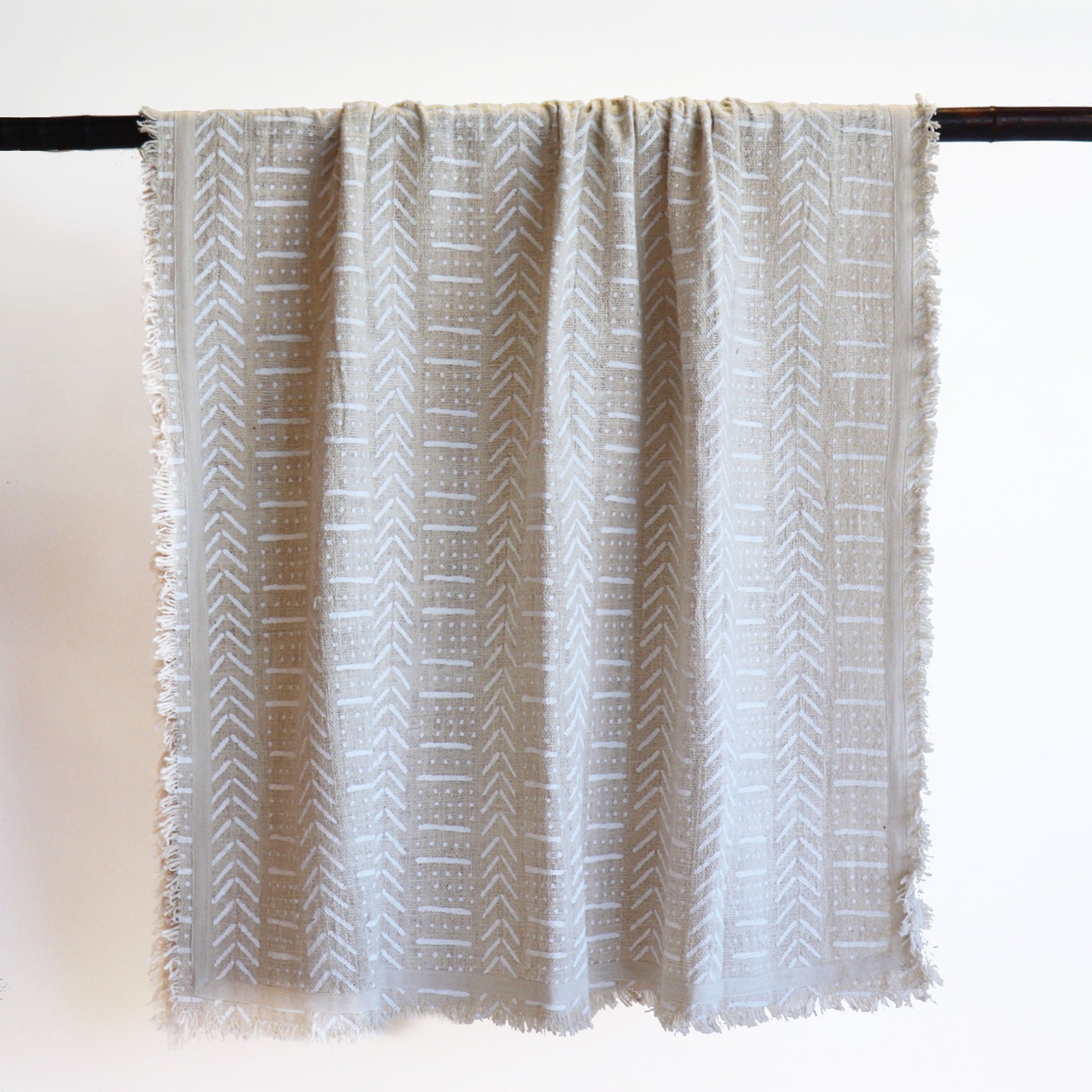 Natural Cotton Throw with White Patterns and Natural Fringing