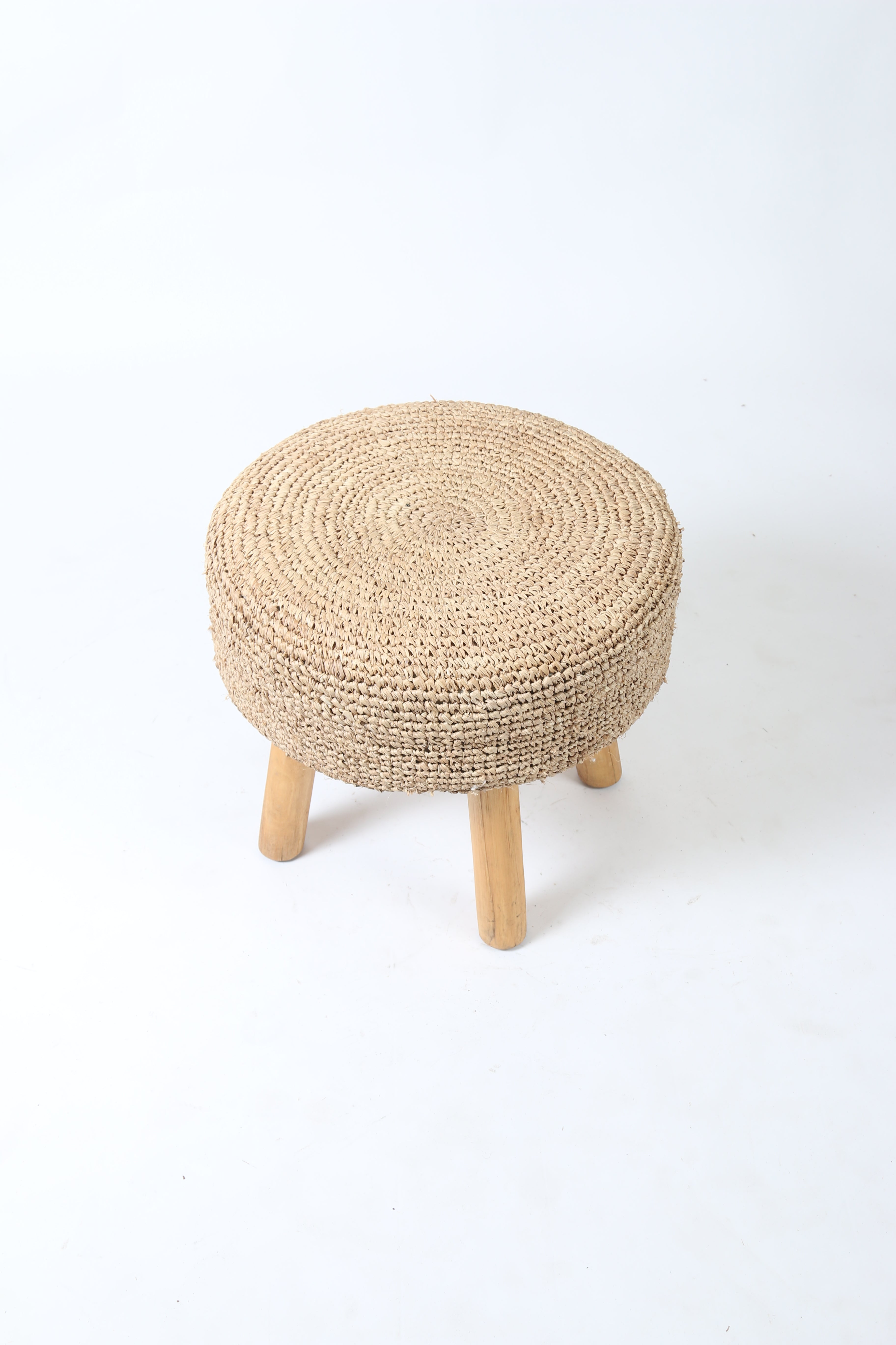 Padded Sea Grass Stool with Four Wooden Teak Legs