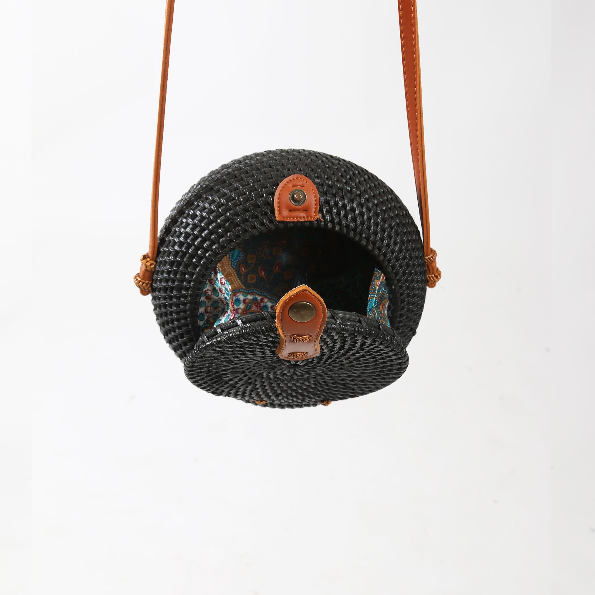 Round Black Bali Bag With Tan Straps and Batik Lining