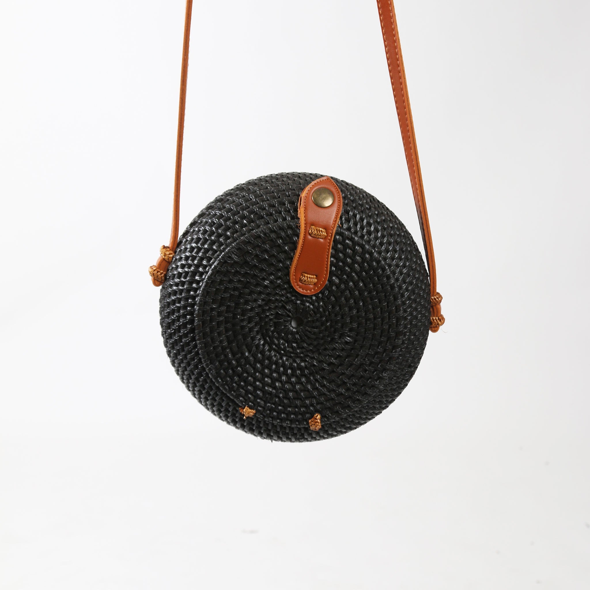 Round Black Bali Bag With Tan Straps and Batik Lining