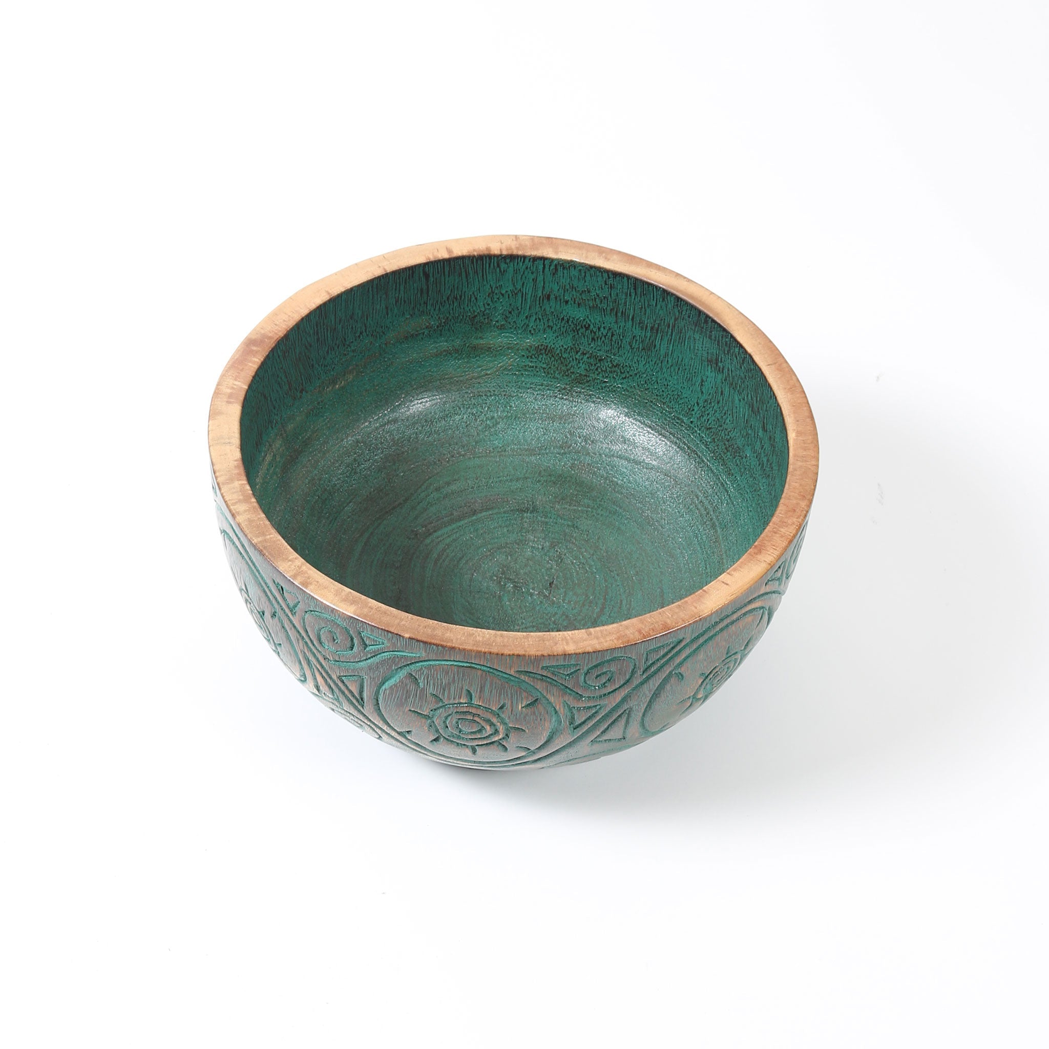 Soft Green Intricately Carved Wooden Serving/Fruit Bowl