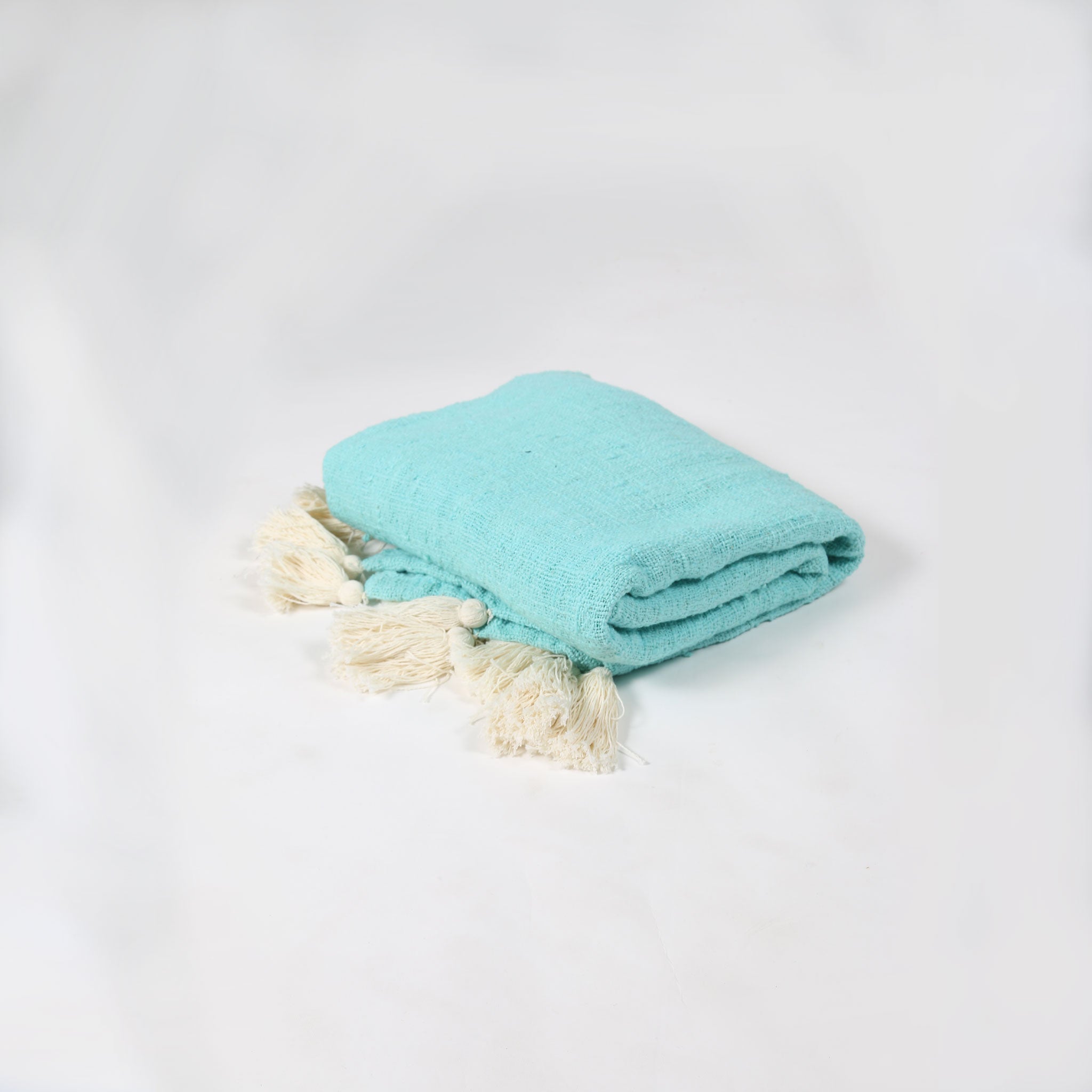 Turquoise Cotton Throw with Cream Tassels