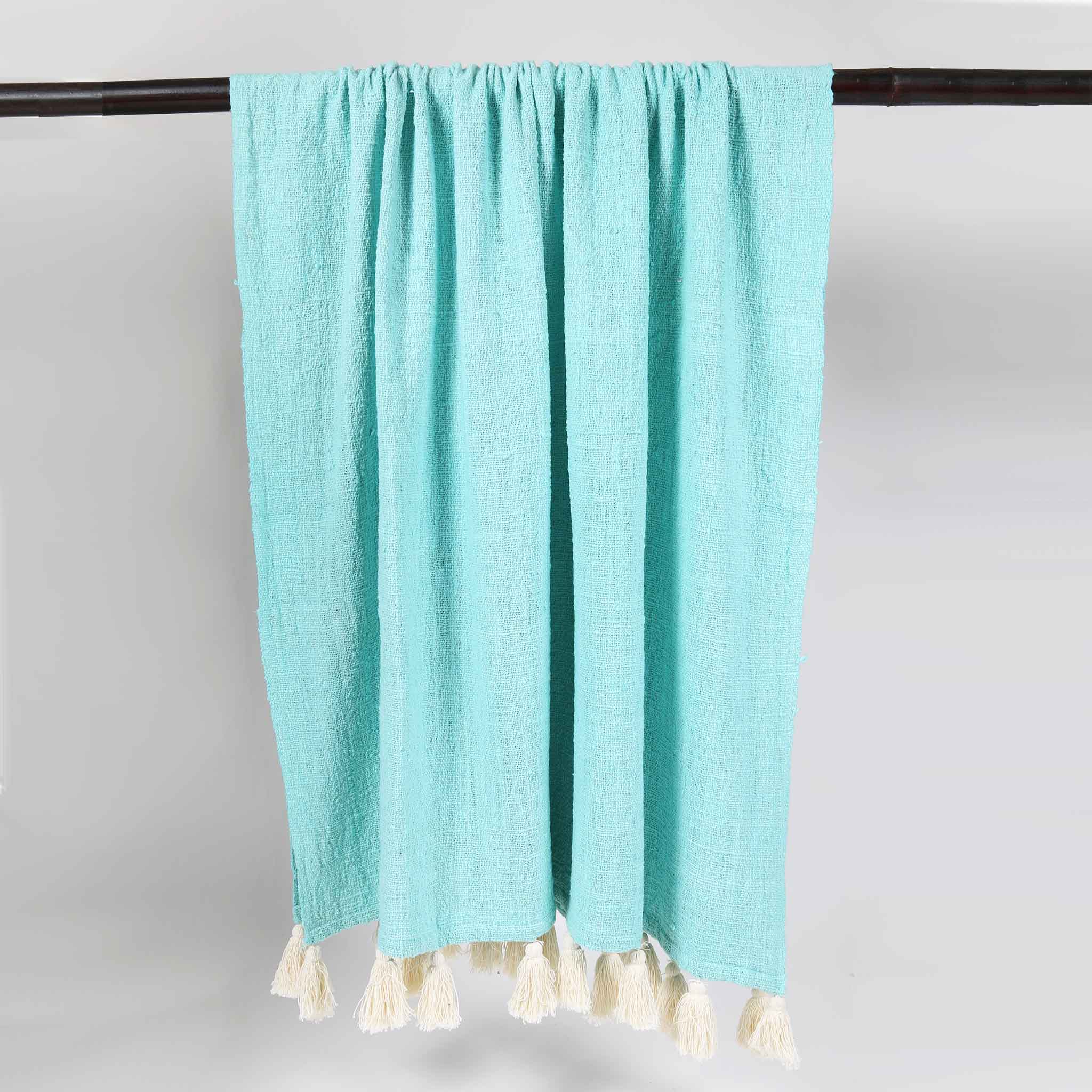 Turquoise Cotton Throw with Cream Tassels