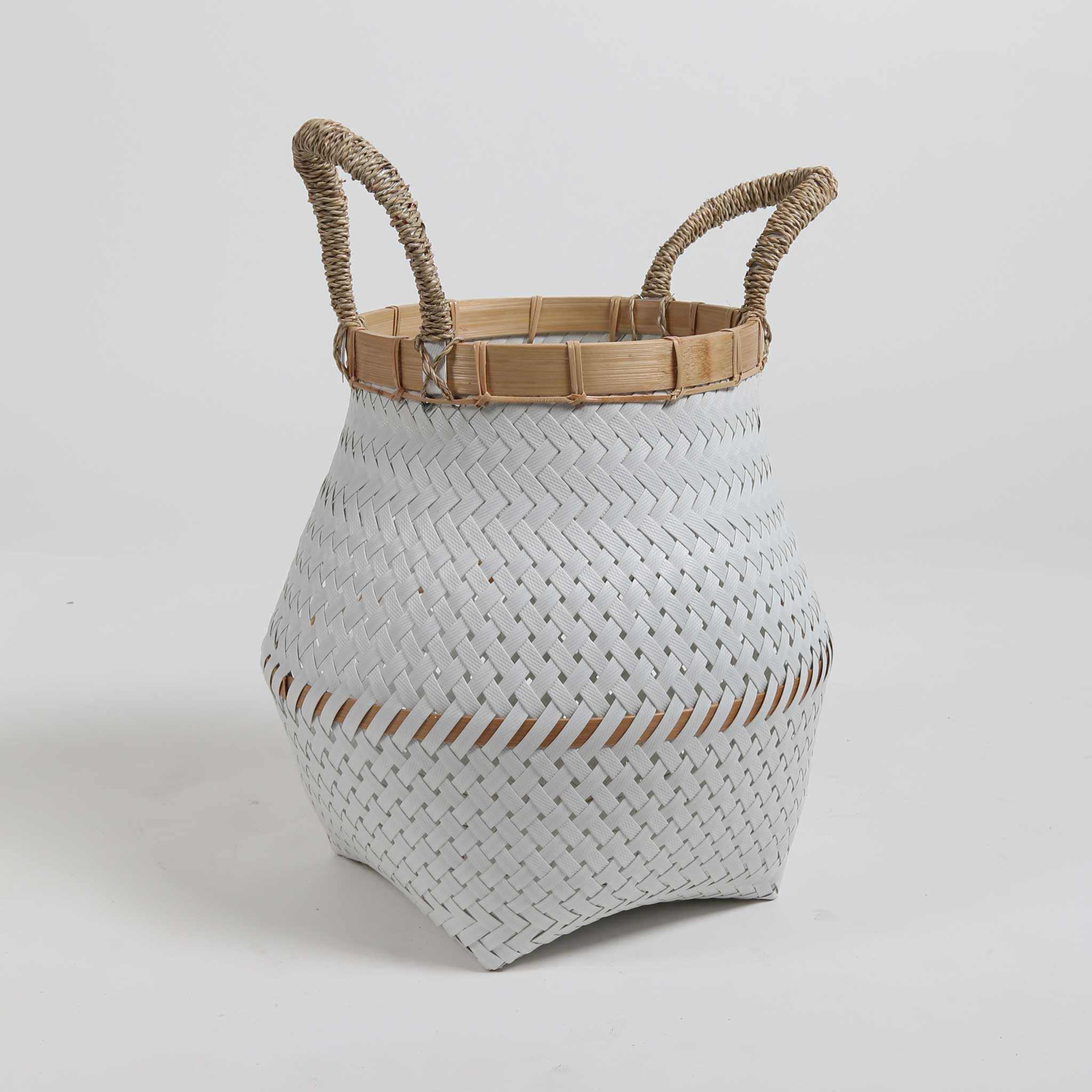 White Bell Plastic and Bamboo Lipped Basket with Rope Handles